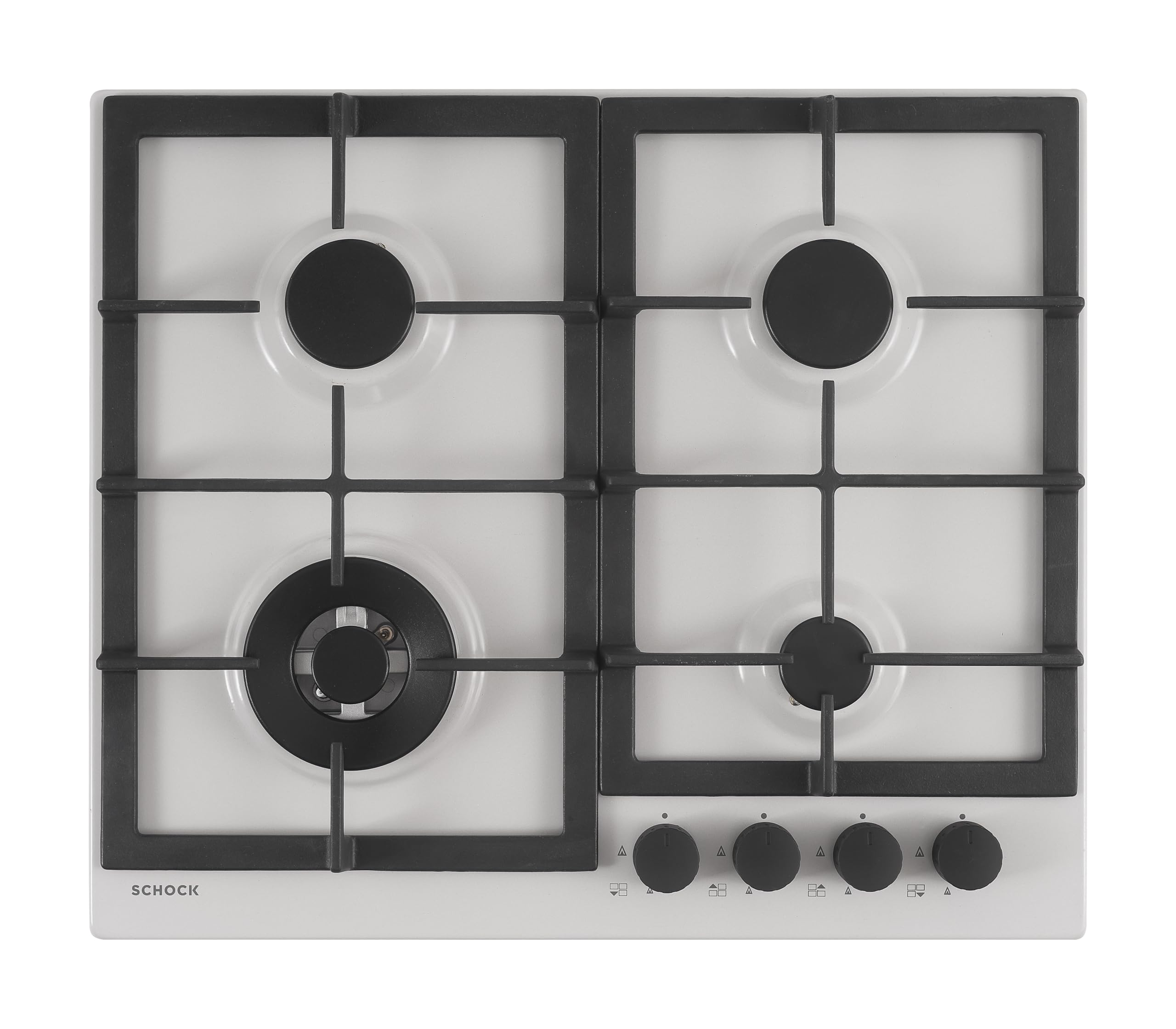 SCHOCK | Piano Cottura 4 Fuochi Gas Professional PC60 con Manopole Nere Opache Soft Touch, Griglie in Ghisa, Valvole di Sicurezza, New Alumina, 585x500 mm