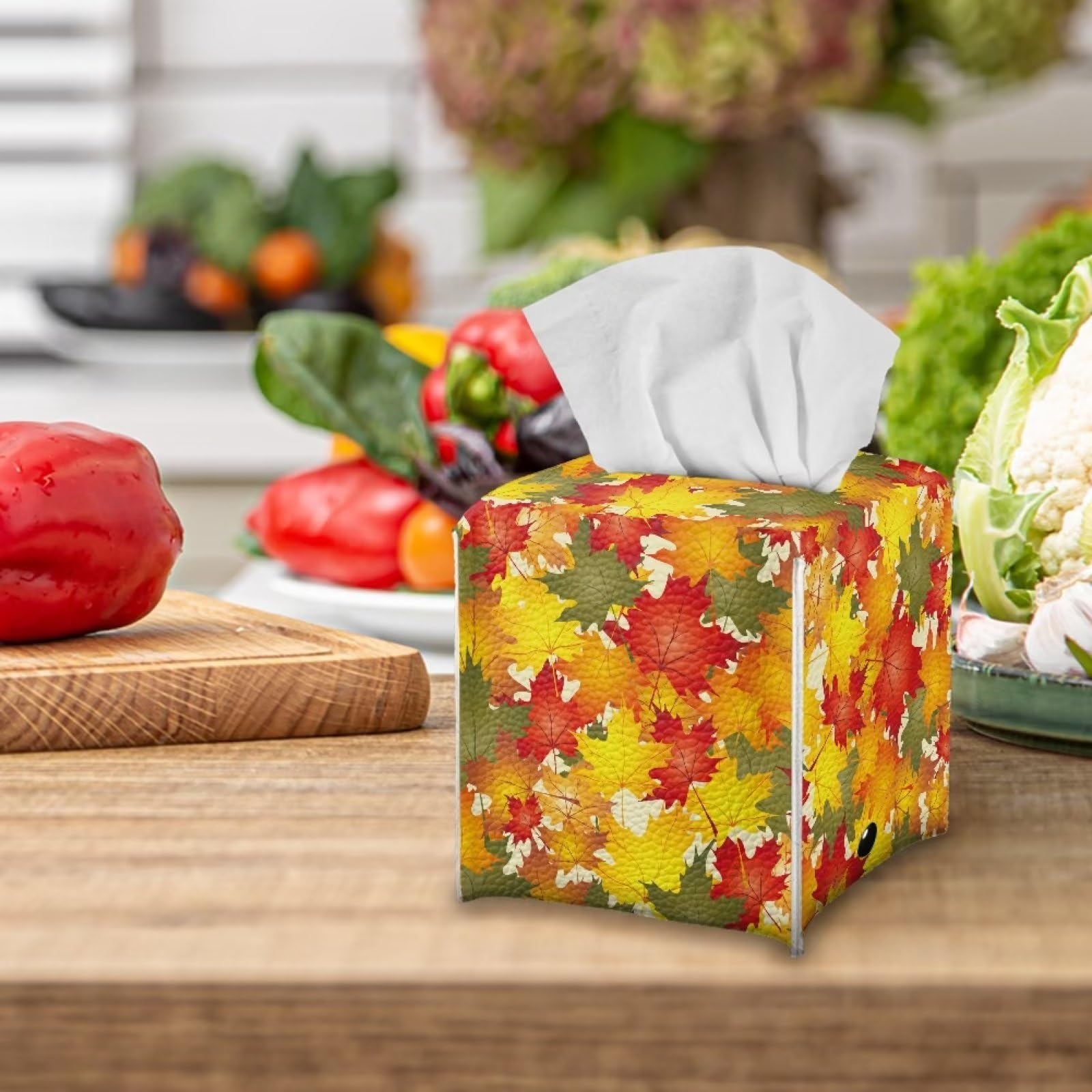 Leaf Pattern Leather Tissue Box Cover | Decorative Square Holder For Bathroom, Bedroom, Or Office Desk