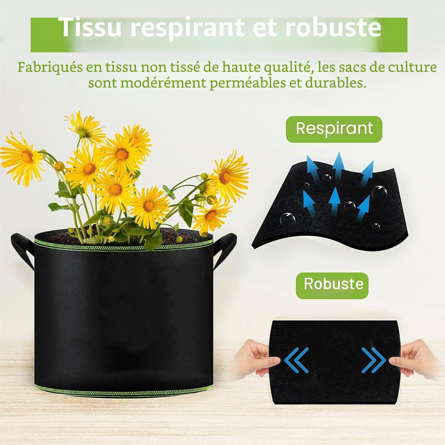 Lot de 6 Sacs à Plantes, 40L Ø 40cm Hauteur 30cm Sac de Culture en Non Tissé Pot de Fleur Sac de Jardin avec Poignée Sangles Aération Tissu Pots, 10 Gallons