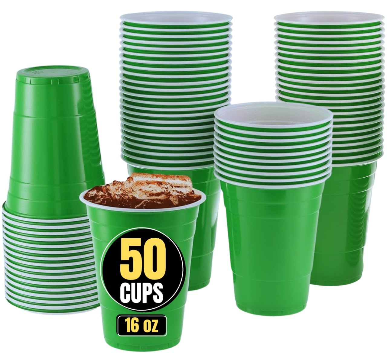 1InTheHome Green Plastic Cups 16 oz Disposable Party Cups for Beer, Wine, Cocktails, Soda, and Events (50 Pack)