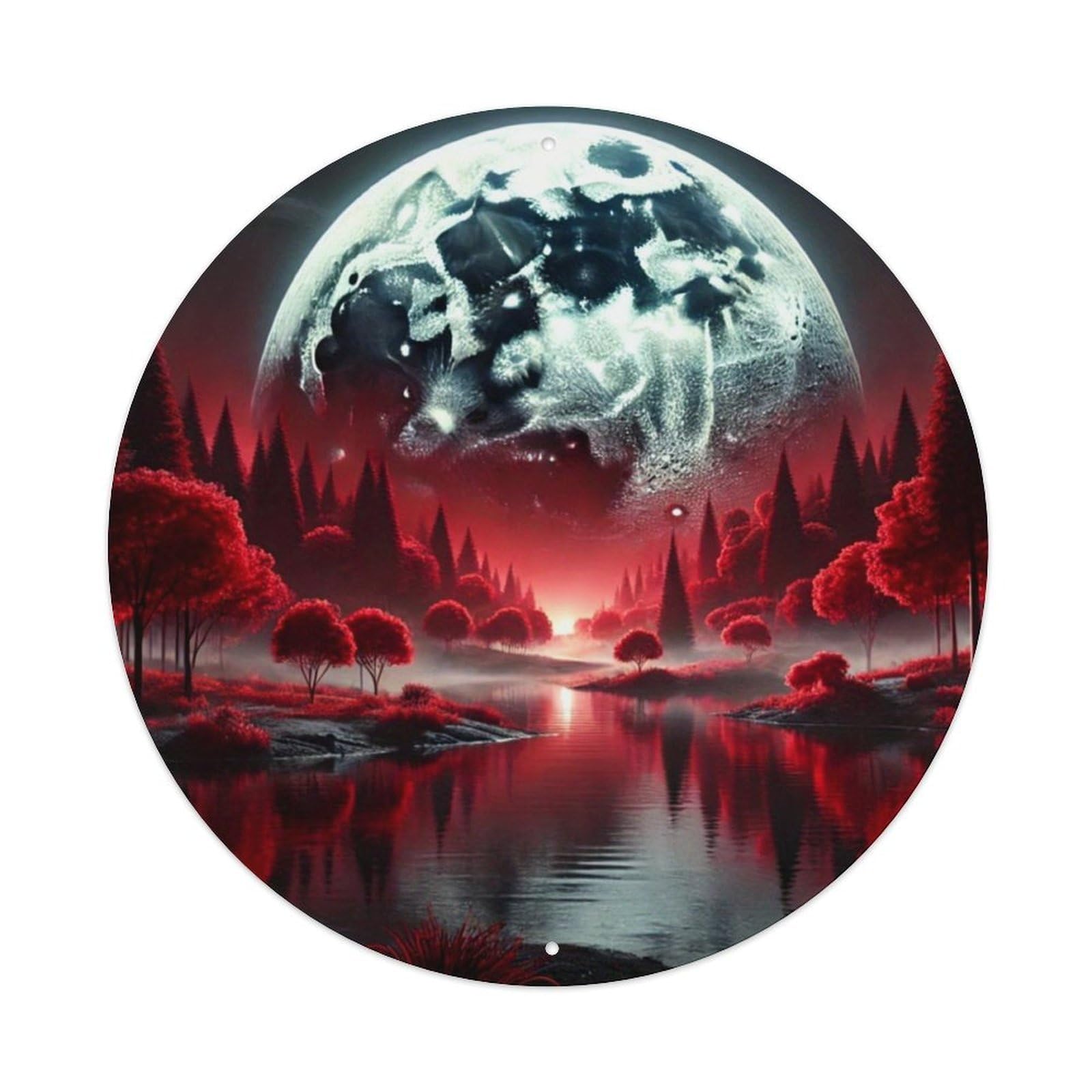 Red Forest Moon Lake Scene Tin Sign Metal Poster Vintage Metal Signs for Home Man Cave Bar Cafe Kitchen laundry room Wall Decorations 8x8 inches