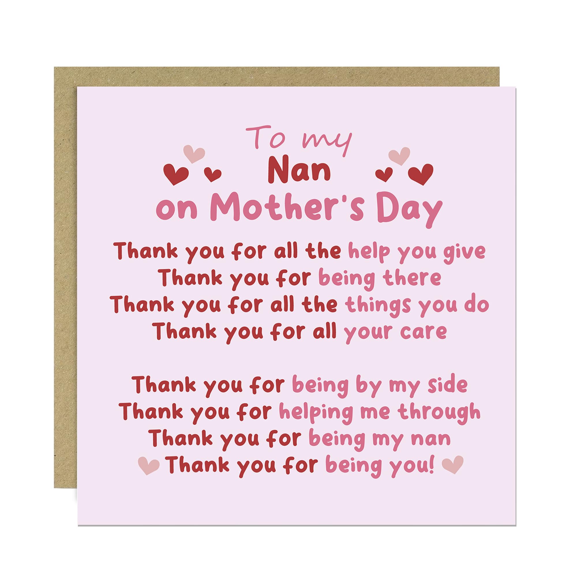 RED OCEAN Thank You Card For Nan For Mothers Day, Thank You Being Card, Poem Nan, Mothers Day With Envelope, Greetings, From Granddaughter Grandson