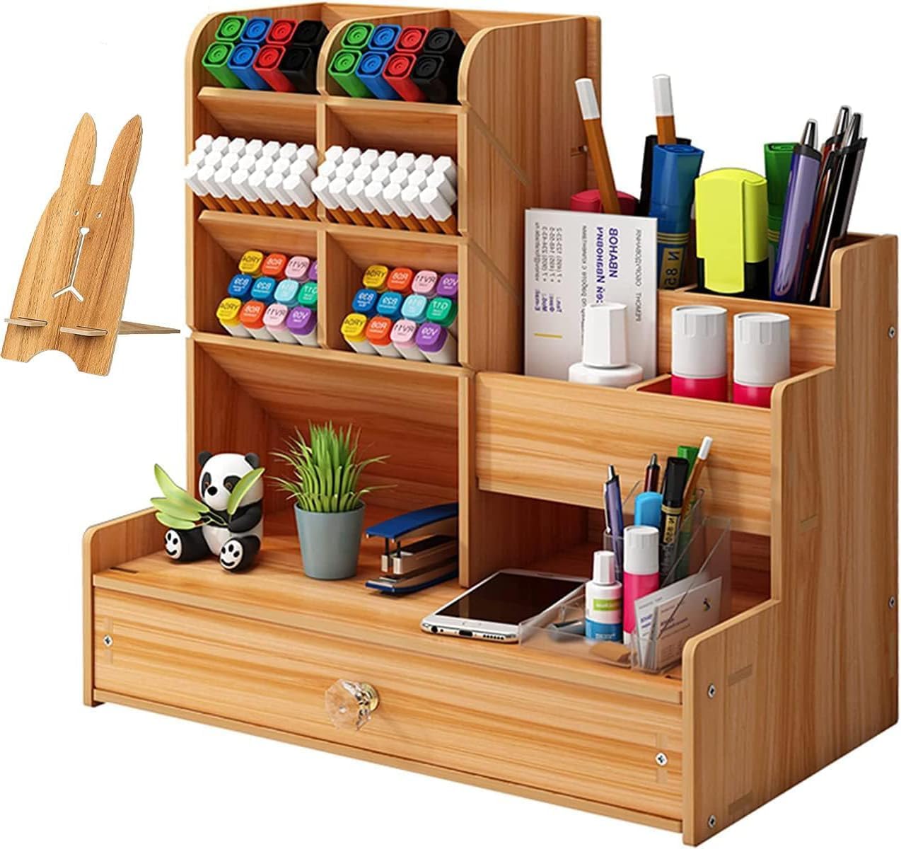 EXPRO Wooden Desk Organizer with Drawer & 10 Compartments for Stationery, Books, Plants, Pencil Holder Table Organizer For Study Table Multipurpose Stationary Organizers For Office and Home (Brown)