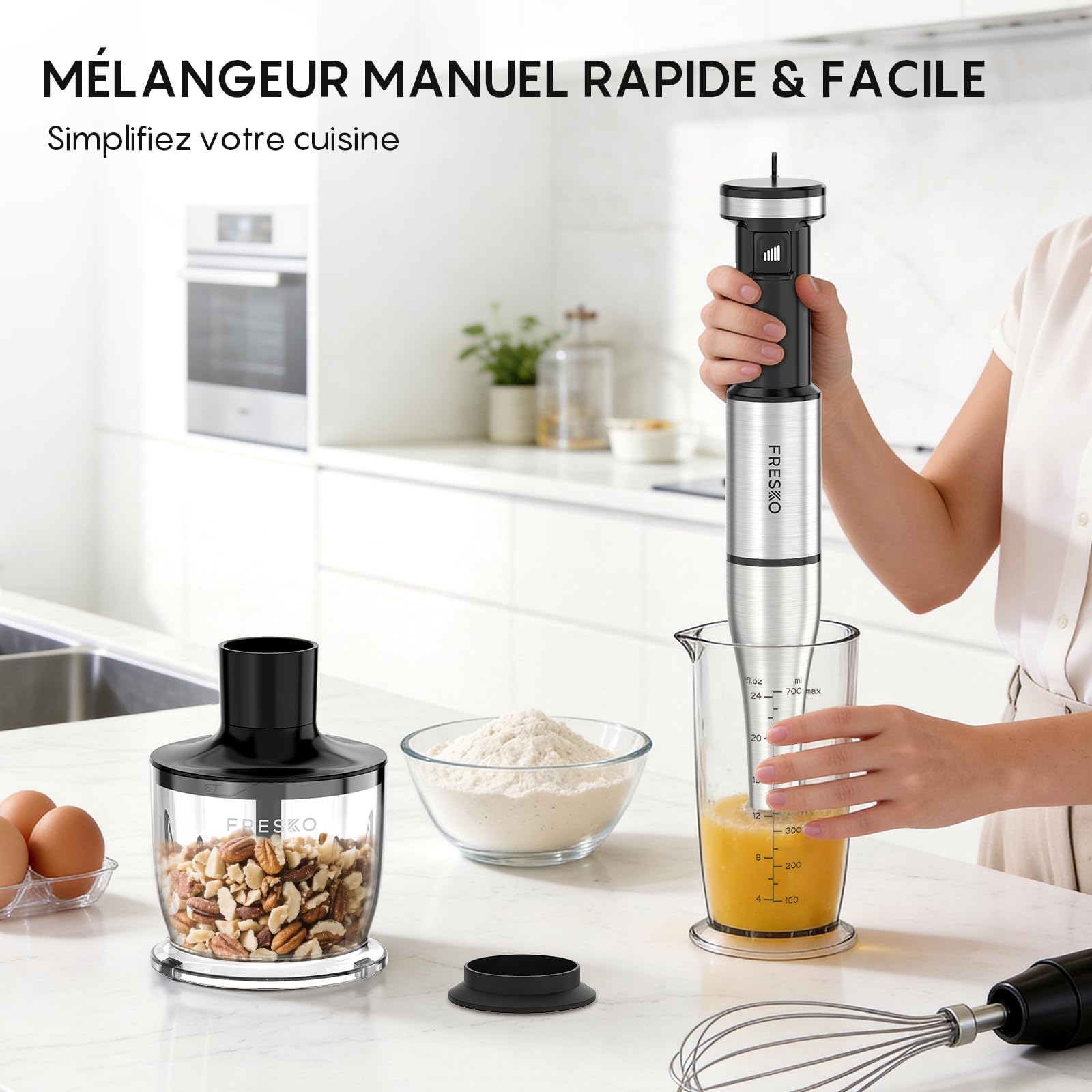 FRESKO Set Mixeur Plongeant 1000W, Mixeur Pied Inox avec Protection, Fouet, Hachoir & Verre Doseur, Vitesses Réglables pour Aliments Bébé, Soupe, Smoothies - 2