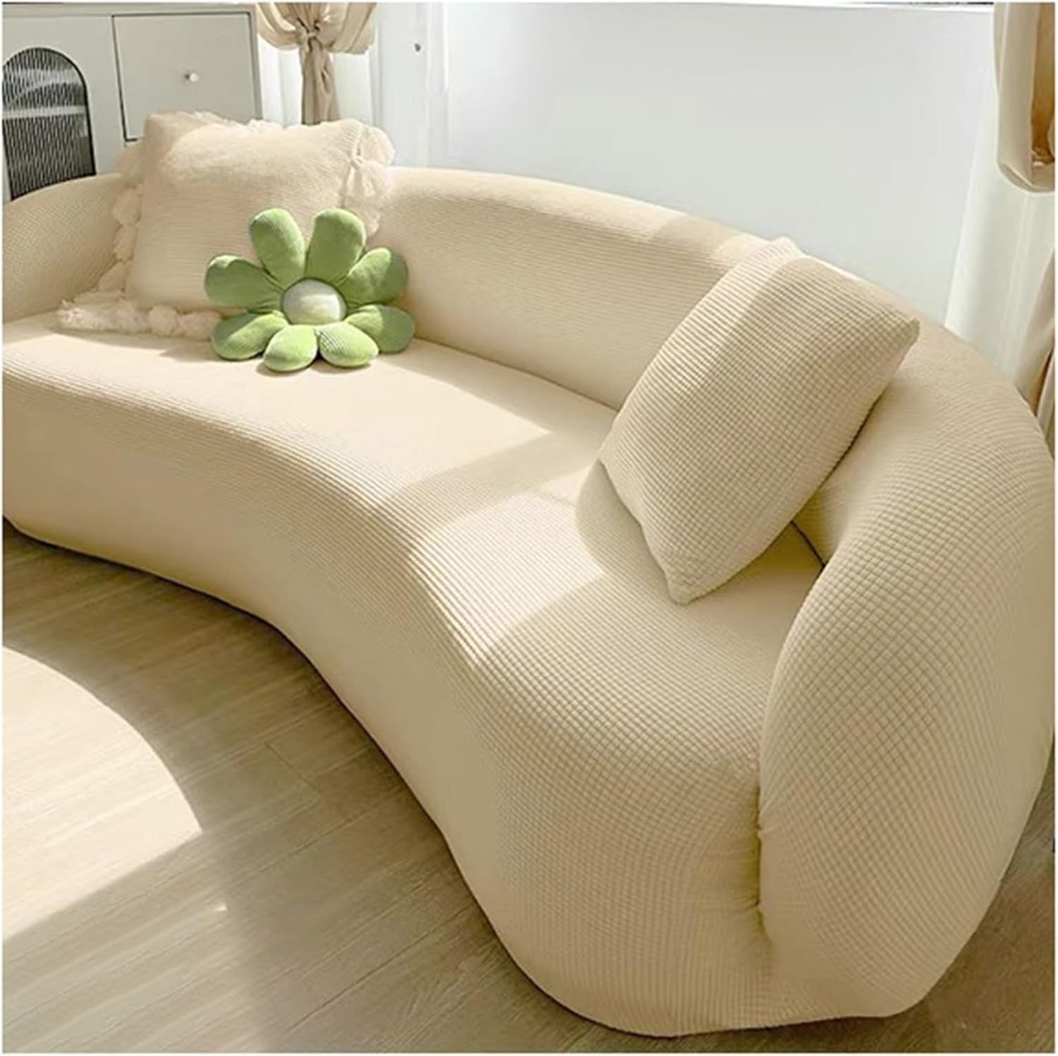 Qvqv E Stretch Semi Circl Curved Couch Slipcover, Shaped Semi-Circular Curved Sofa Cover For Living Room, Modernjacquard Curved Sofa Slipcover(,4 Seat [ 92-118 In])