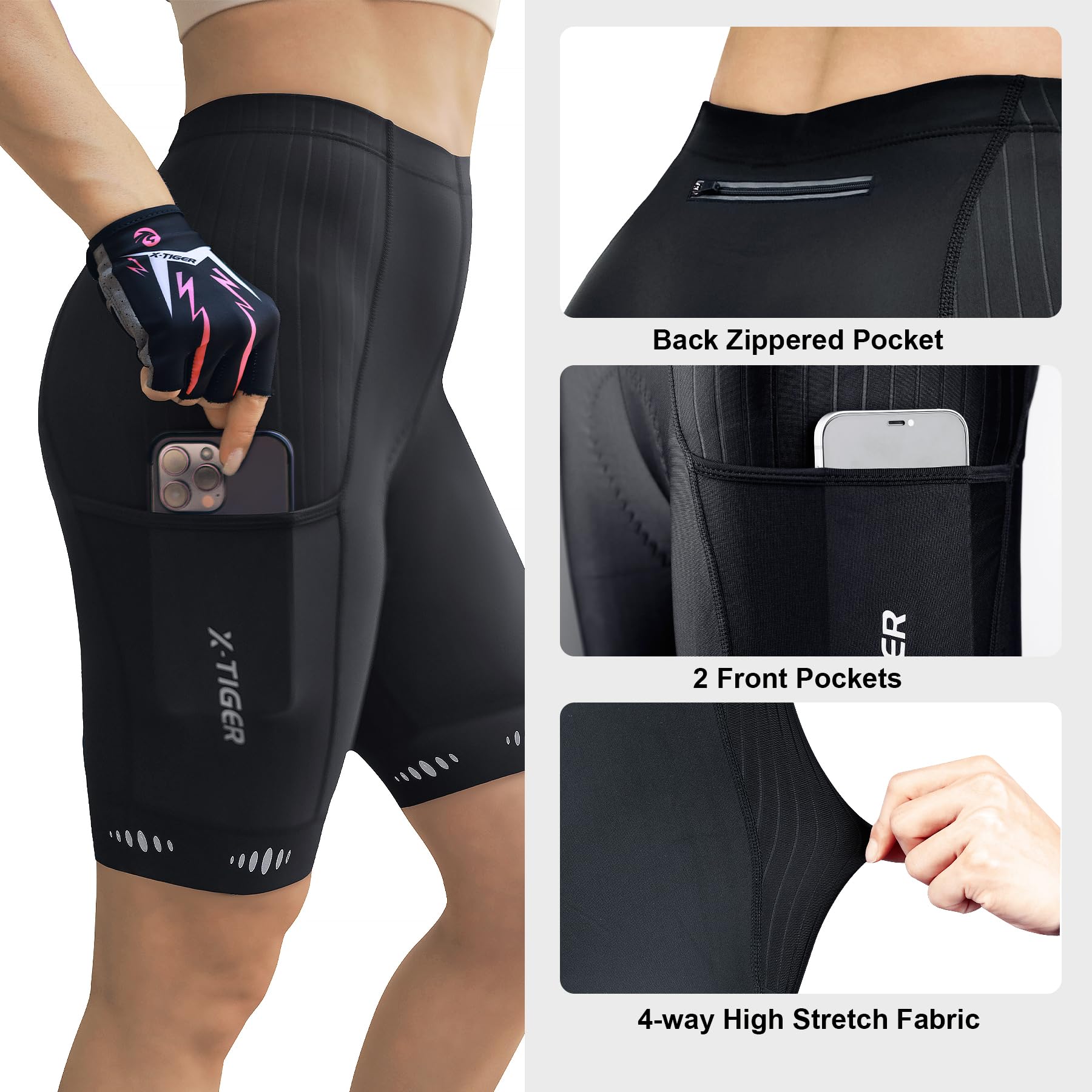 X-TIGER Radlerhose Damen mit Sitzpolster 5D Gepolster Fahrradhose Damen Kurz Schnell Trocknende Atmungsaktive Radhose Damen mit 3 Tasche