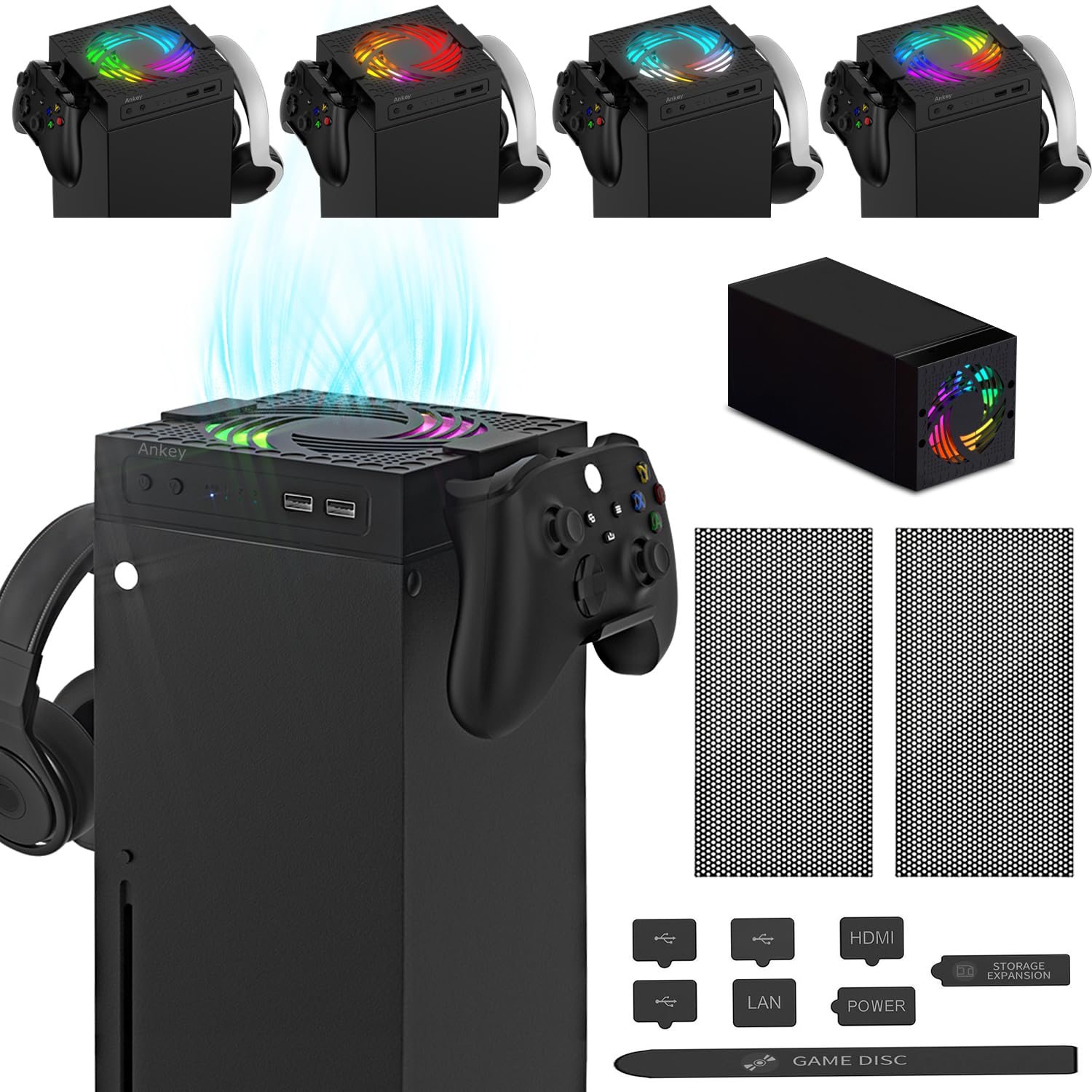 Automatic Cooling Fan for Xbox Series X Console, Temperature-Controlled Cooling Fan System 2 Holders for Controller Headphone Low Noise RGB Light 2 USB Ports for Charging & Data Automatic Cooling Fan for Xbox Series X Console, Temperature-Controlled Cooling Fan System 2 Holders for Controller Headphone Low Noise RGB Light 2 USB Ports for Charging & Data