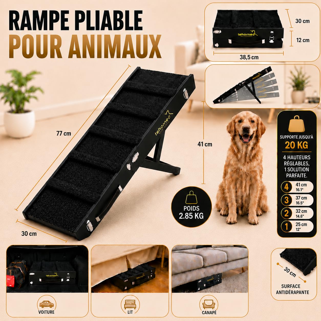 TEHORNEO Rampe pour Chien, Rampe Chien 4 Hauteurs de 25 cm à 41 cm, Escalier pour Chien Supporte jusqu'à 20 kg avec Tapis Antidérapant, Rampe pour Chien Canapé, Rampe pour Chat, Escalier Chien