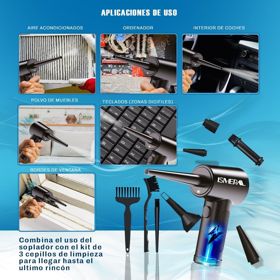 SÚPER Soplador de Aire Potente ISMERAL® + Accesorios | Bateria 6000mAh | soplador electrico de 100000RPM | Aire Comprimido Limpieza pc | Soplador Aire | Pistola aire comprimido y limpiador pc