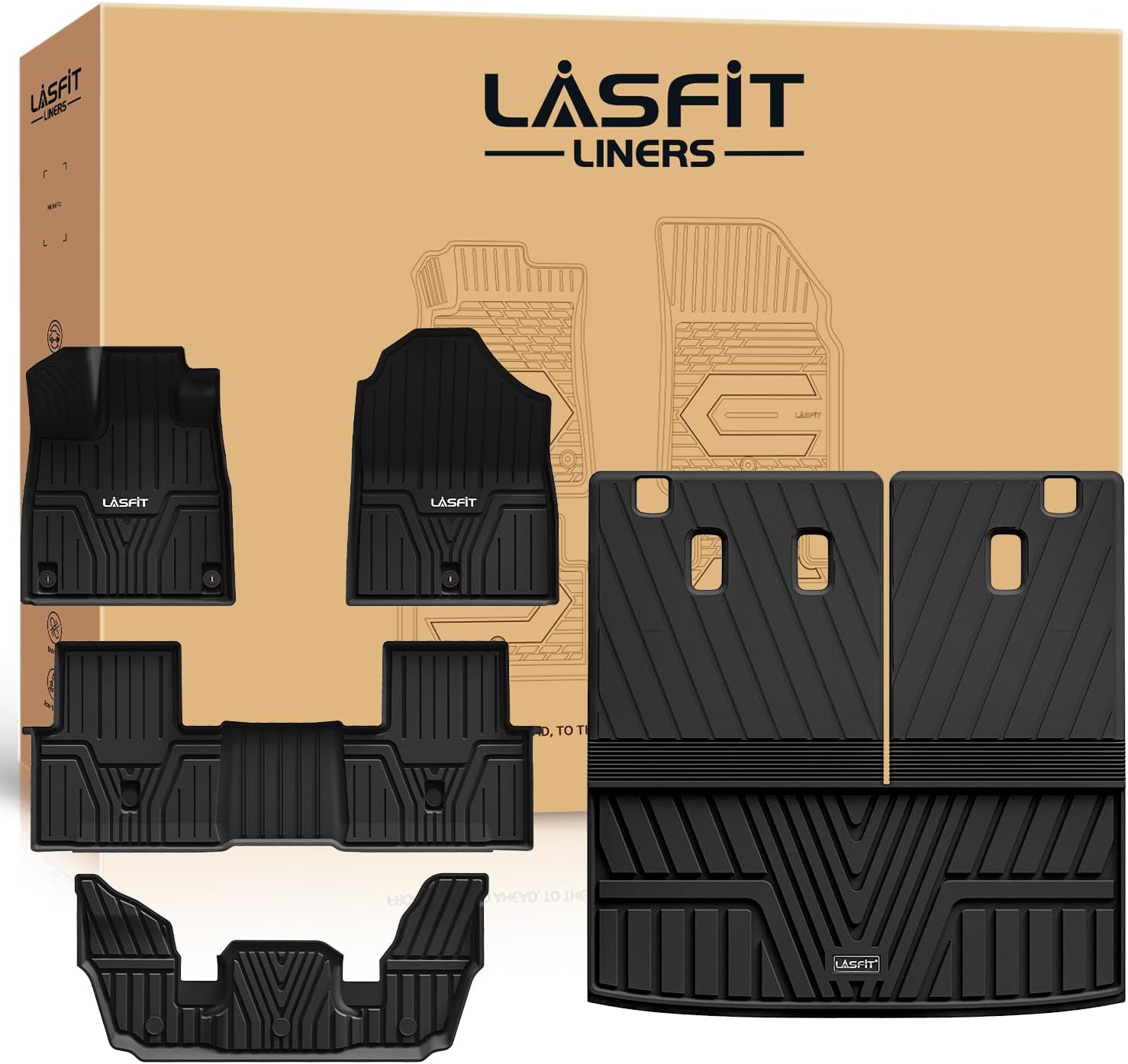LASFIT Floor Mats & Trunk Mat with Backrest Mat for Honda Pilot 2023-2025, Split & One-Piece Foldable Seating All Weather TPE Floor Liners 1st & 2nd & 3rd Row & Cargo Mat with Seatback Mat, Black 3?For Honda Pilot | ?2023-2025 | Combo Set