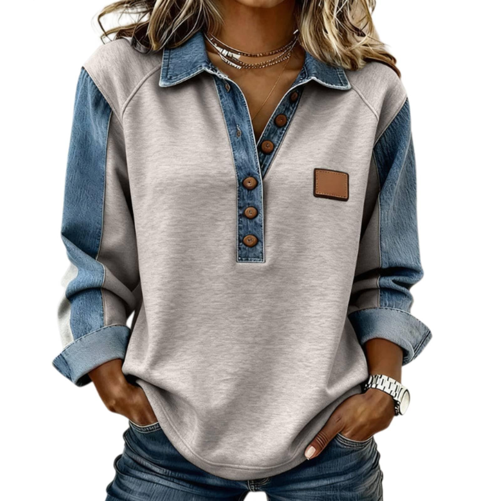 Denim Sweater for Women Collar Button up Patchwork Denim Pullover Tops Waffle Knit Jean Sweater Polo Collar Sweater
