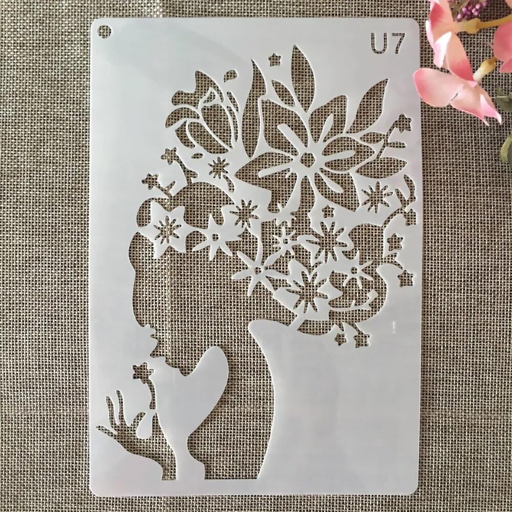 20 stencil riutilizzabili A5 21 x 14,5 cm, motivo: ragazza, gatto, uccello, ponte e farfalla, stencil per pittura su legno, portico, porta d'ingresso, parete, decorazione per la casa