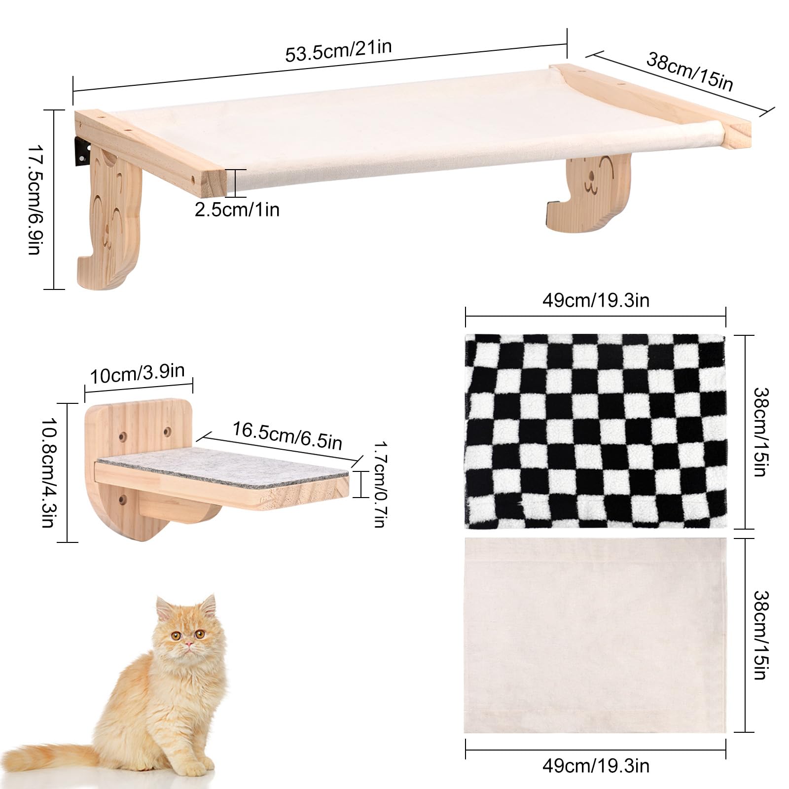Hamac chat fixé au mur, mobilier mural en bois pour chat, étagères et barres, étagère murale avec peluche, plateforme pour dormir, jouer et escalader