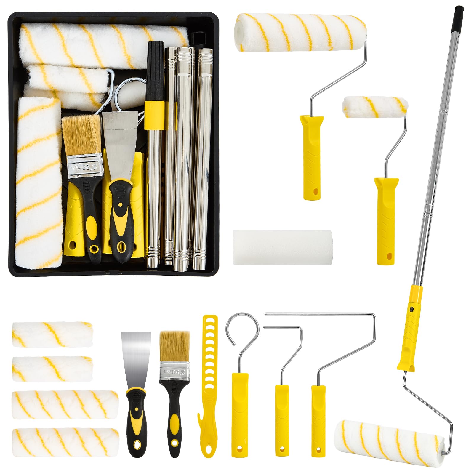 Hafuvool Paint Roller Set, 13Pcs Paint Rollers and Trays Sets - 9 Inch Paint Rollers with Extension Pole, 4 Inch Small Paint Roller & Sleeves, Paint Stirrer, Brush and Scraper Roller Sets for Painting