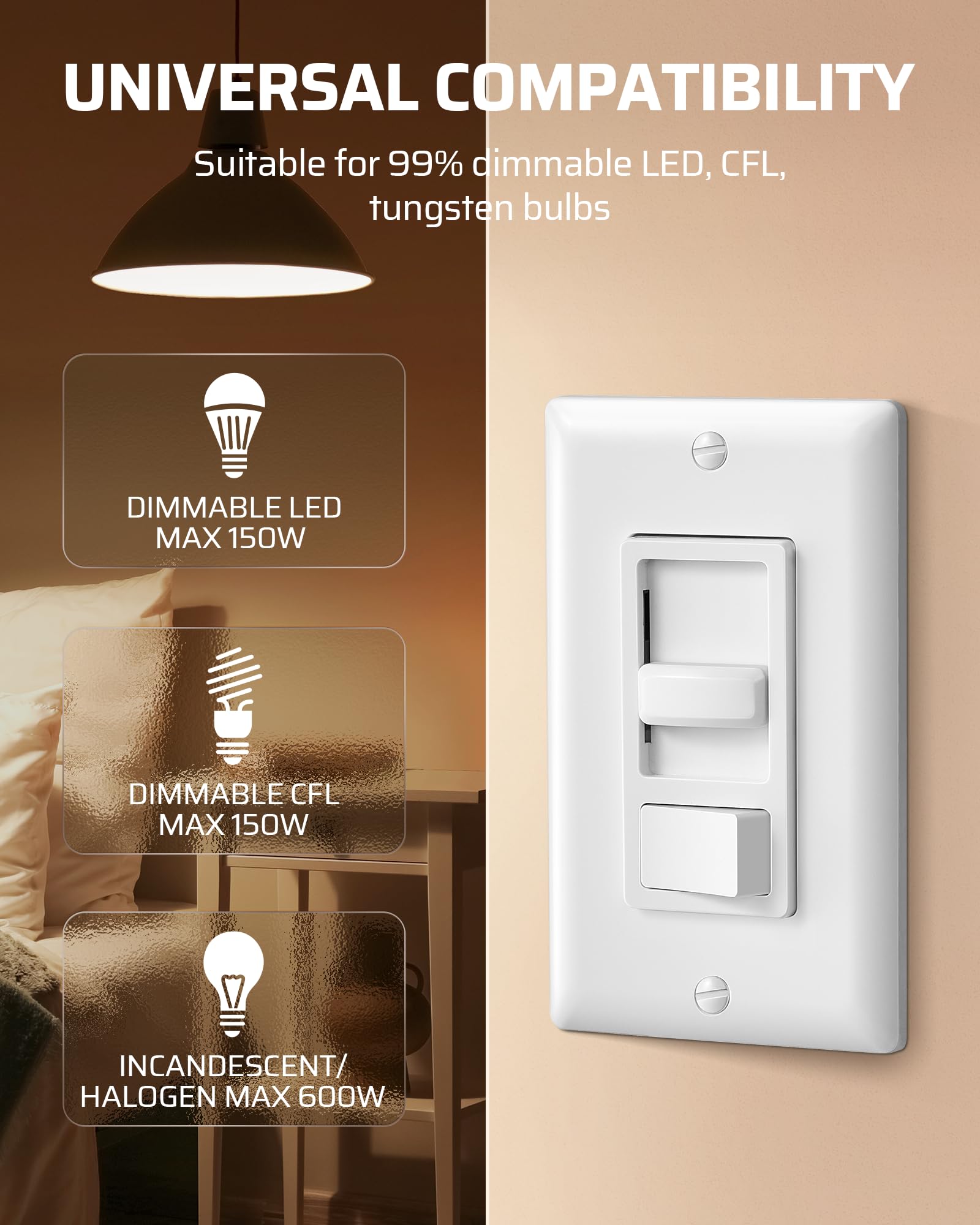 Interrupteur Variateur Mural Simple Pôle/3 Voies Digi-office - Pour LED, CFL (300W) Et Halogène (600W), Neuf