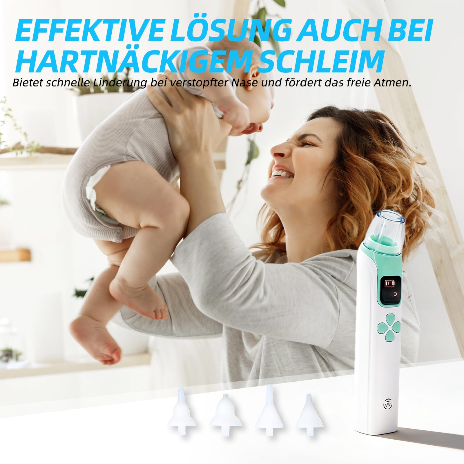 Baby-Nasensauger, 3-stufig einstellbare Saugleistung, 4 Silikonköpfe, Musik- und Lichtfunktion, geeignet für Neugeborene, Säuglinge und Kleinkinder