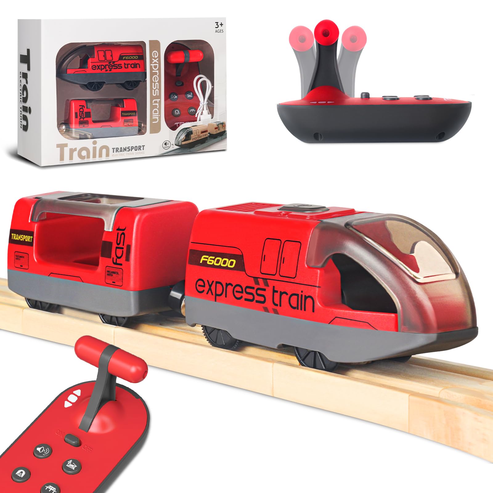 Electric Remote Trains Toy for Wooden Track, Remote Control & Motorized Train with 4 Sound and Light Effects for Kids 3 4 5+ Years Old Boys Girls, Compatible with Thomas,Brio,Chuggington-Red