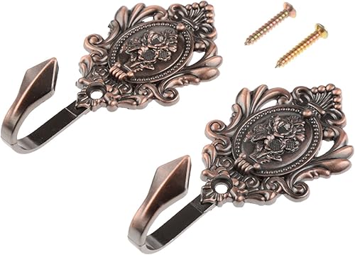2 ganchos de pared de cobre rojo con patrón de rosas talladas vintage, gancho para llaves de baño, dormitorio, gancho decorativo multifunción con