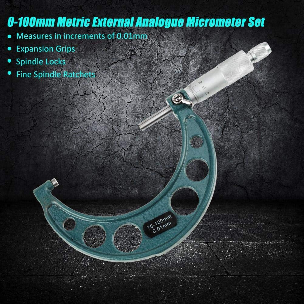 Juego de 4 Micrómetros Exteriores de Precisión Profesional, 0-100mm en 4 Unidades (0-25,25-50,50-75,75-100mm), Carburo Cementado con Caja de Madera - Herramienta para Mecánicos, Taller y Automoción