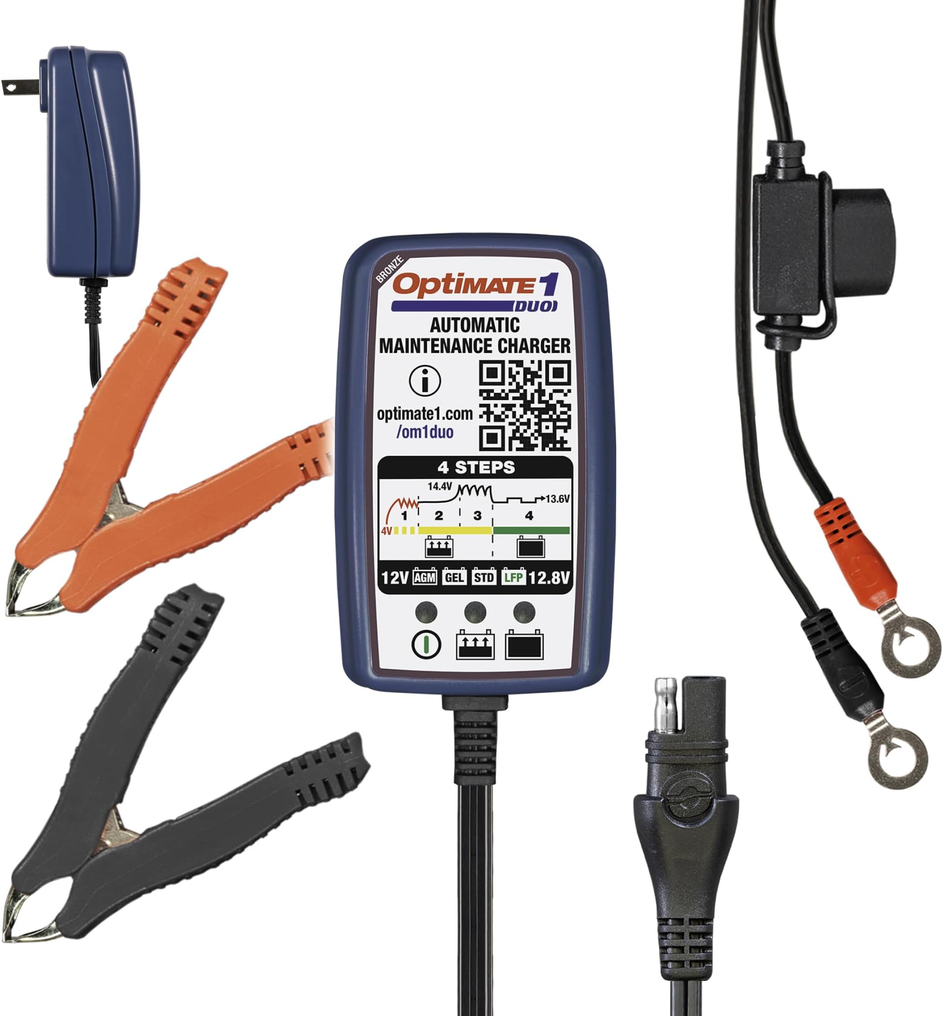 Tecmate (OptiMATE 1 DUO, 12V / 12.8V Plug-in Mainttainer) - OptiMATE 1 DUO, TM-409, 4-step 12V 0.6A Battery charger-maintainer