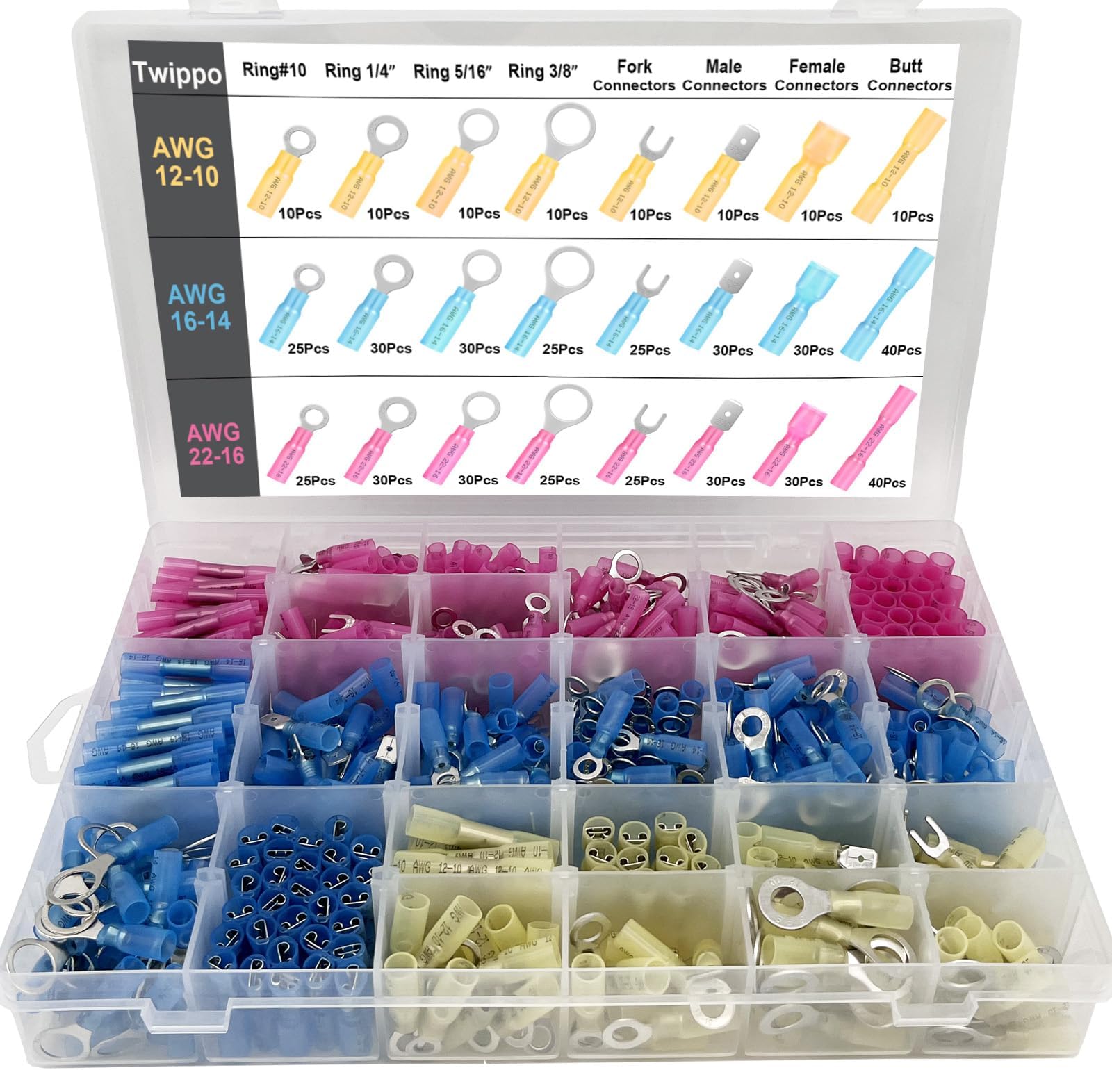 550Pcs Waterproof Heat Shrink Wire Connectors Kit, Automotive Electrical Connector Terminals Kit, Butt Fork Ring and Spade Crimp Connectors Assortment (22-10AWG)