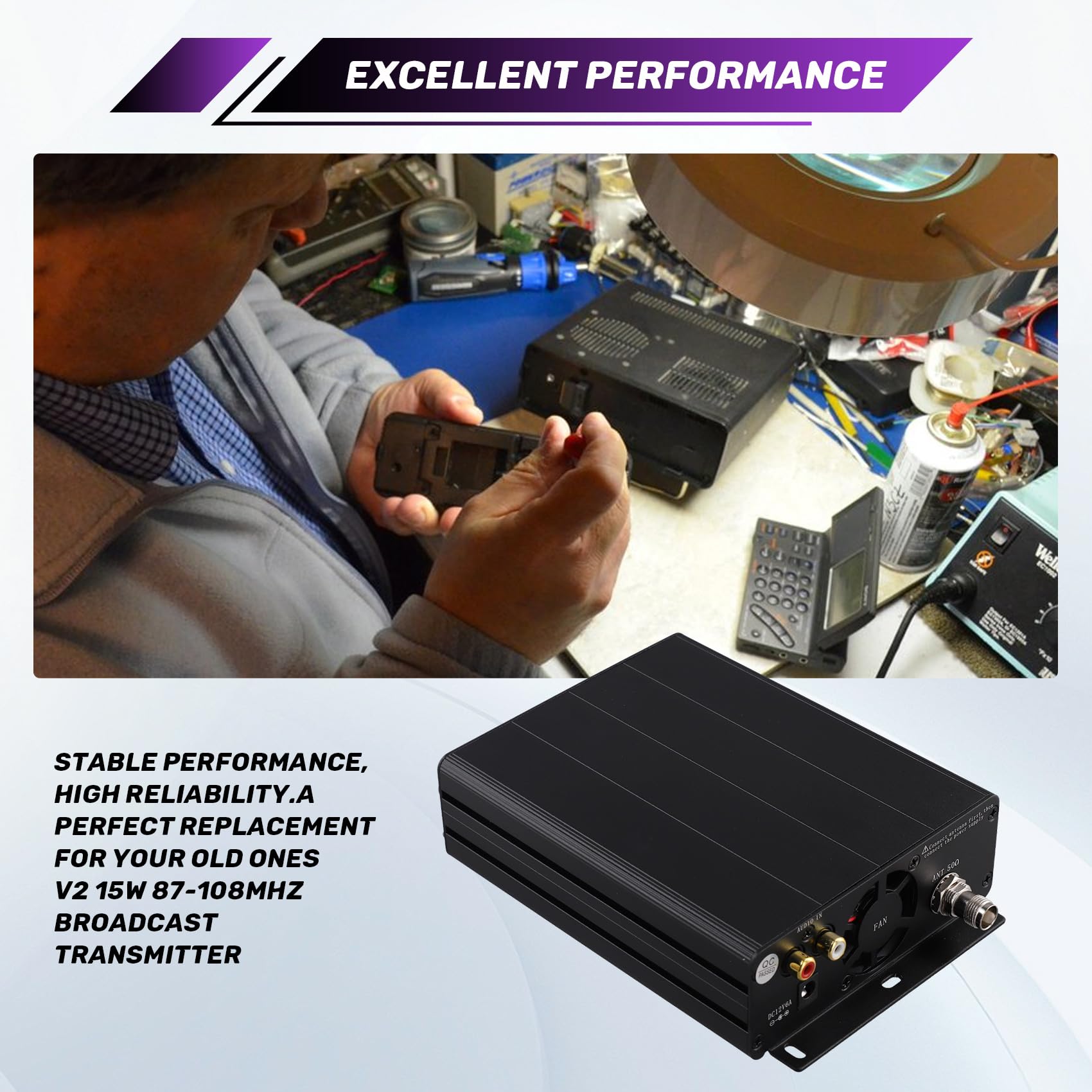 Transmisor Estéreo FM PLL V2 de 15 W Compatible con para Transmisión de Audio Inalámbrica y Entrada de Audio Solo Host TNC.