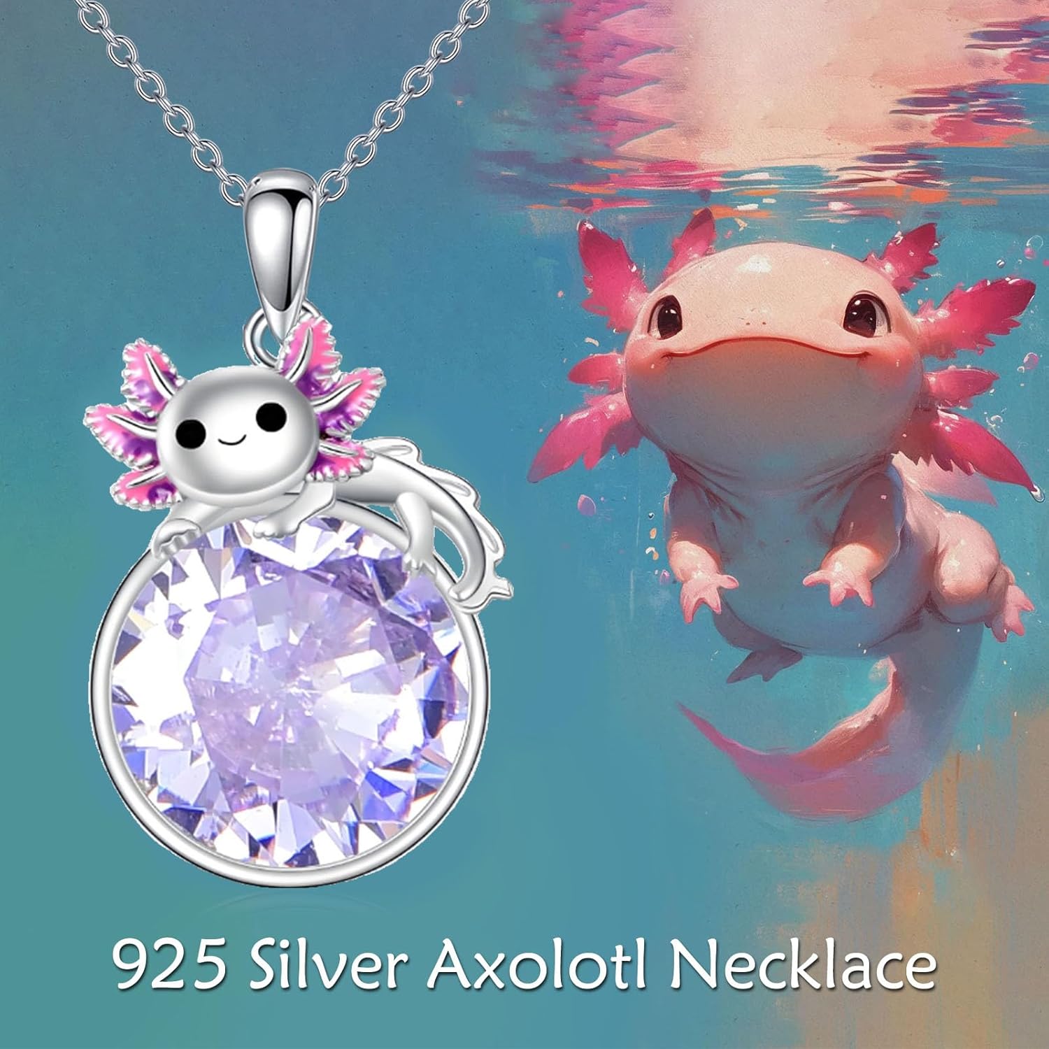 Birthstone Axolotl Necklace Sterling Silver Axolotl Pendant Cubic Zirconia Jewelry Birthday Gifts for Women Wife Mom