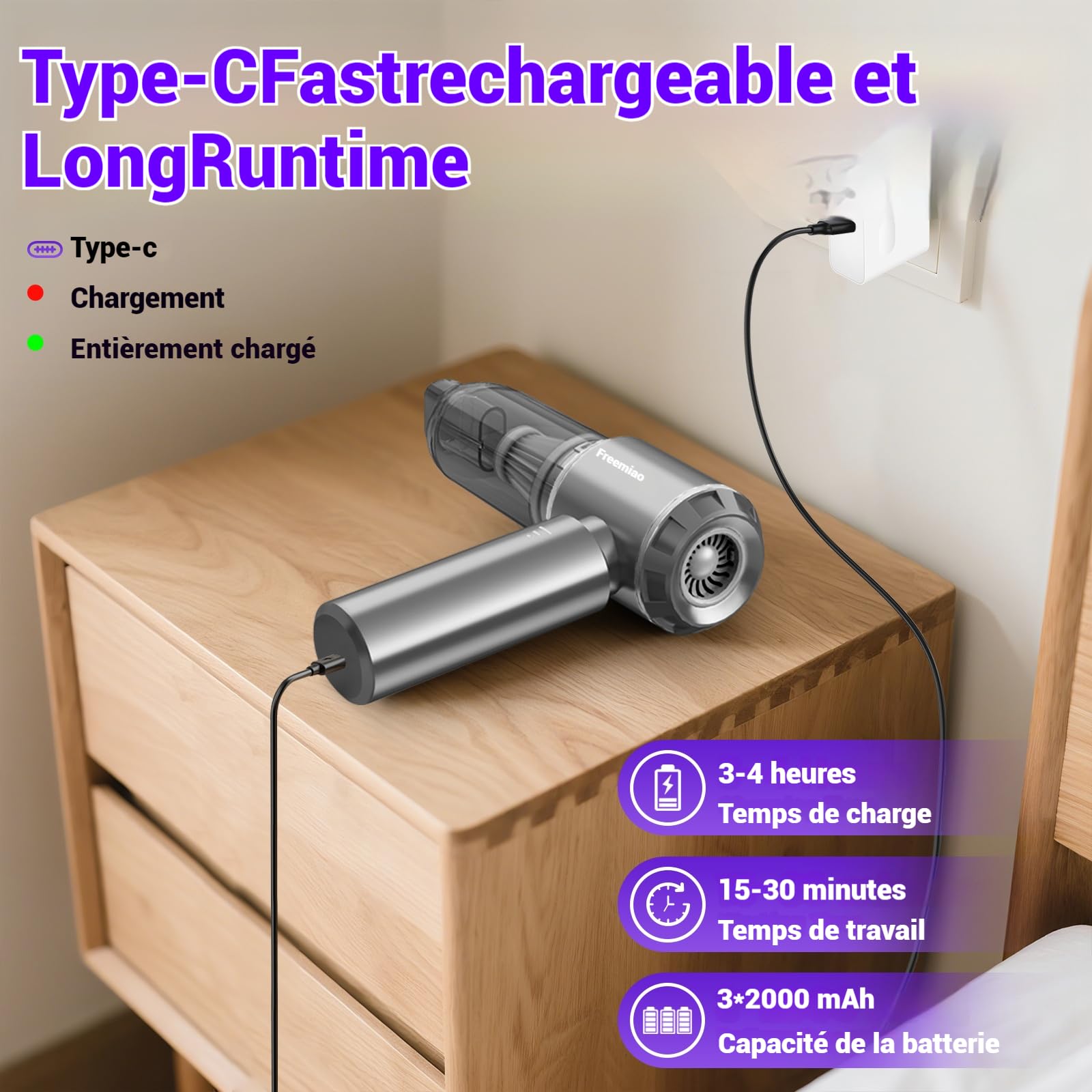 Aspirateur à Main Sans Fil 23000 Pa, Aspiration Cyclonique Puissante, Moteur Sans Balais, Portable Et Rechargeable, Idéal Pour Voiture, Maison Et Poils D'animaux