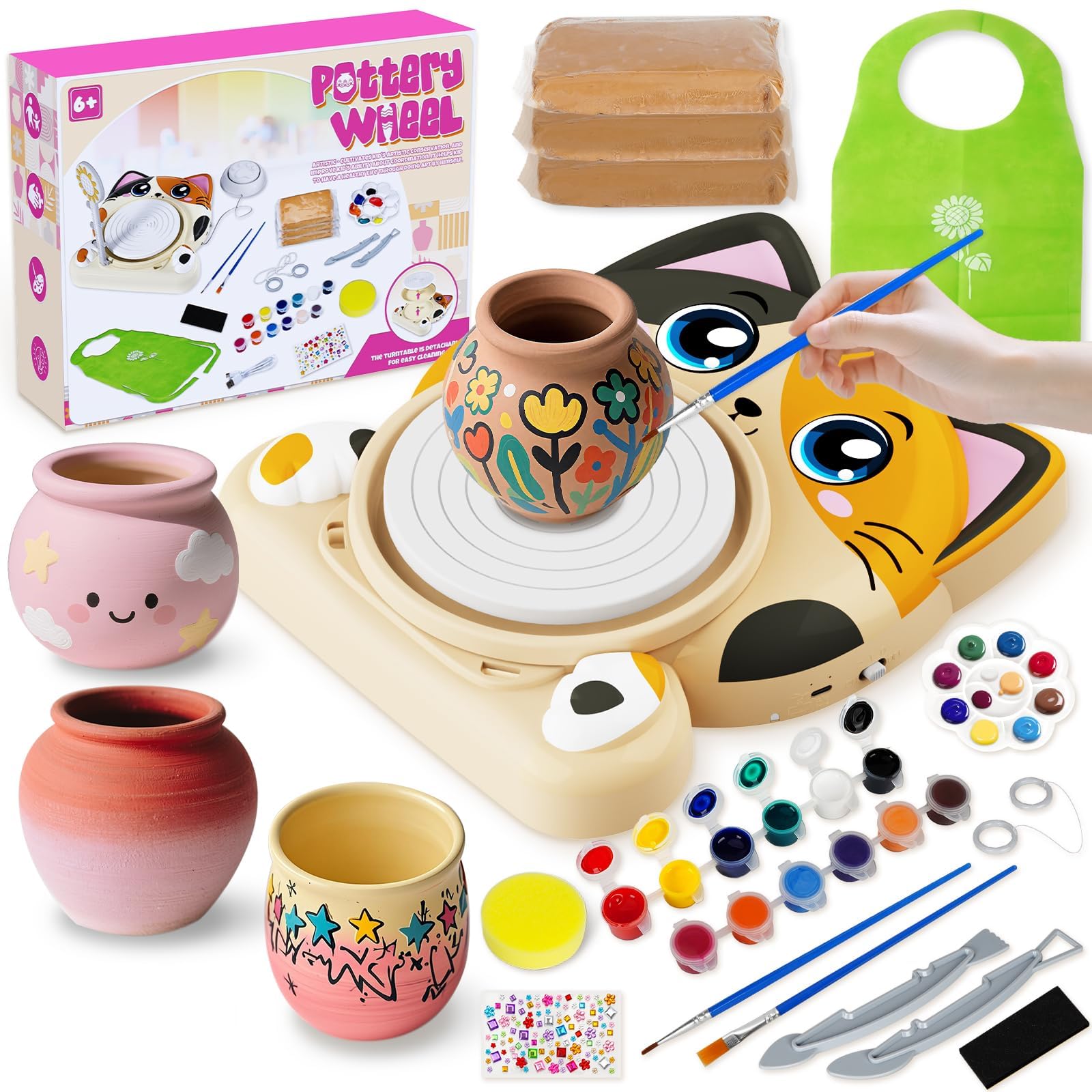 Insnug Pottery Wheel for Kids - Pottery Arts and Crafts for Kids Ages 8-12 with 3 Pack Painting Kit Air Dry Clay Art Supplies Toys for Girls Boy Birthday Gift for 6+ Gifts