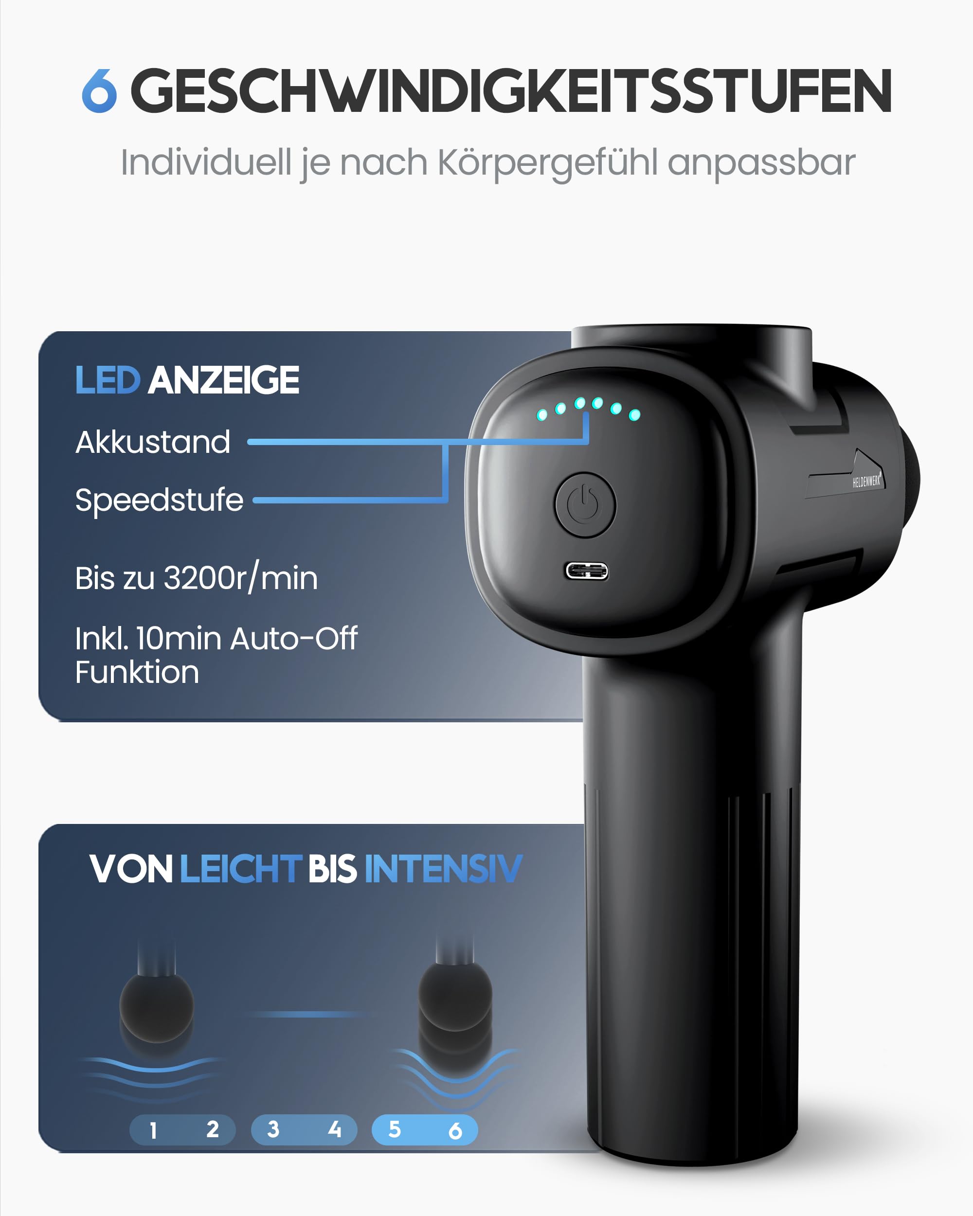 HELDENWERK Pistolet de massage avec 6 têtes de massage et 3200 tr/min I Pistolet de massage musculaire avec connecteur USB-C I Appareil de massage musculaire (gris)