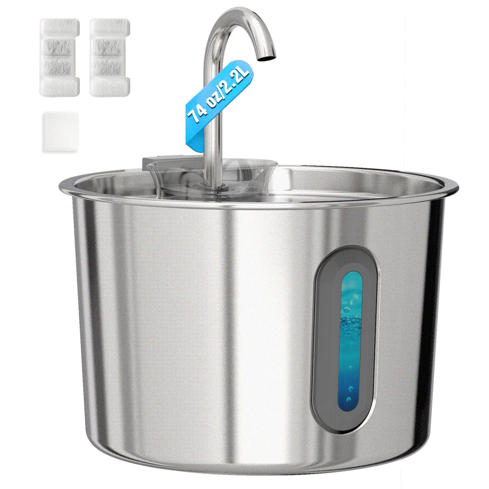 HAJXM Cat Water Fountain, 74oz/2.2L Cat Fountain for Drinking - Pet Water Fountain Stainless Steel for Cats Inside - Quiet Water Bowl Dispenser -