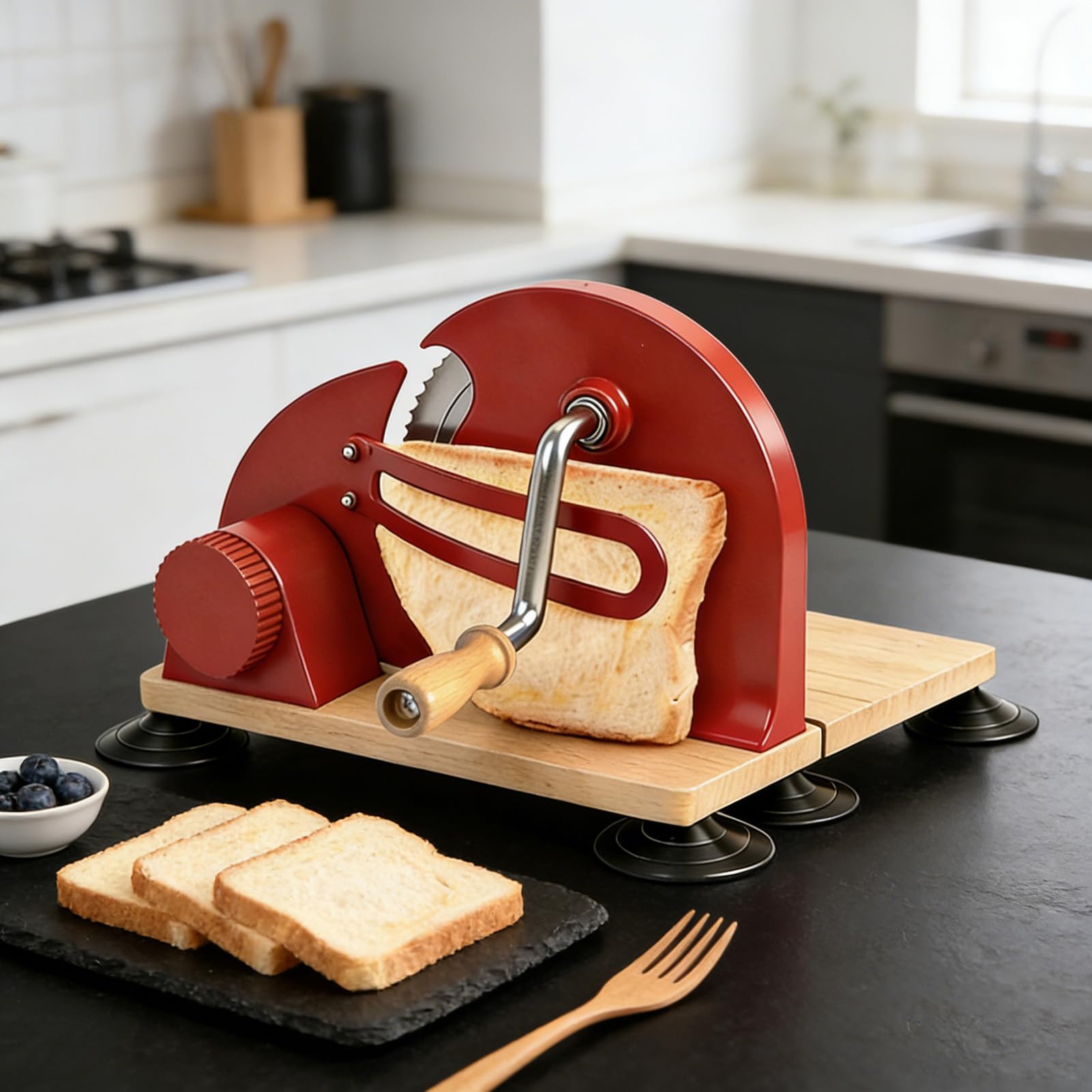 Luocute Manueller Brotschneider, Edelstahlklingen mit Einstellbarer Dicke für Gleichmäßiges Schneiden, mit Ergonomischem Griff für Sauerteig-Sandwiches, Toastbrot, Aufbewahrung von (Rot)