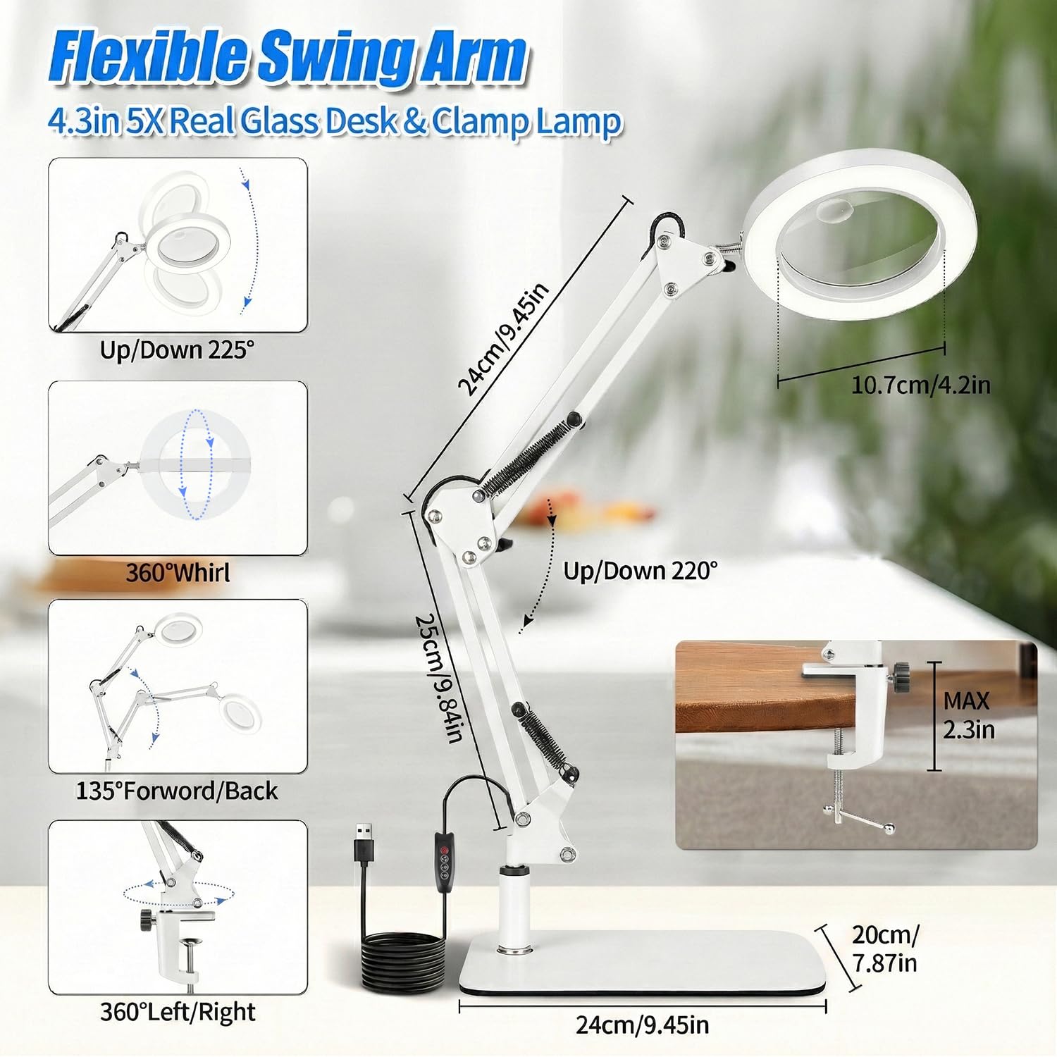 Loupe 15x 10x avec lumière et support, lampe de bureau grossissante 2 en 1 avec pince et base, 3 modes de couleur à intensité variable avec bras oscillant, lumière loupe lumineuse LED pour lecture