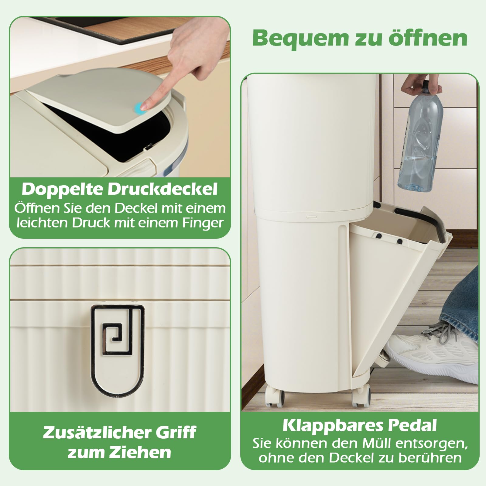 COSTWAY Mülleimer Küche, Mülltrennsystem 3 Fächer, 2 x 12L Inneneimer & 14L Treteimer, Abfalleimer mit Rollen, Doppeldeckel, Pedal & Haken, Tretmülleimer Abfallsammler für Küche, Bad, Büro (Beige)