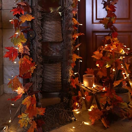 Miniatura 8 de KASZOO Paquete de 2 guirnaldas de arce de otoño con 40 luces LED, guirnalda artificial de follaje de otoño de 5.8 pies/pieza, decoración de otoño