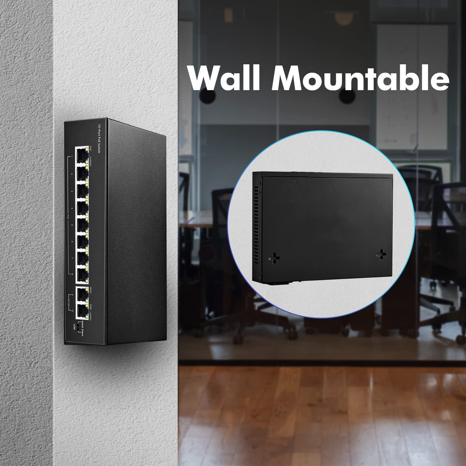 Przełącznik PoE, 8-portowy 100 Mb/s z 2 Uplinkami, 96 W dla wszystkich portów PoE, rozszerzenie AI do 250 m, Plug and Play z Hikvision, idealny do nadzoru IP i punktu dostępu, uchwyt na biurku/ścianie