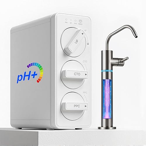 LCF 0.01m Ultra-filtración debajo del fregadero Sistema de filtro de agua, purificador de agua mineral alcalino de 3 etapas, grifo LED UV-C