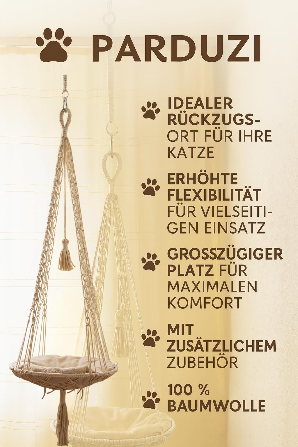 Katzen Hängeschaukel | Handgeknüpftes Katzenbett mit Kissen & Aufhängung | Katzenhängebett | Hängematte | Hamock | Hängeschauckel handgeknüpft (Naturweiß)