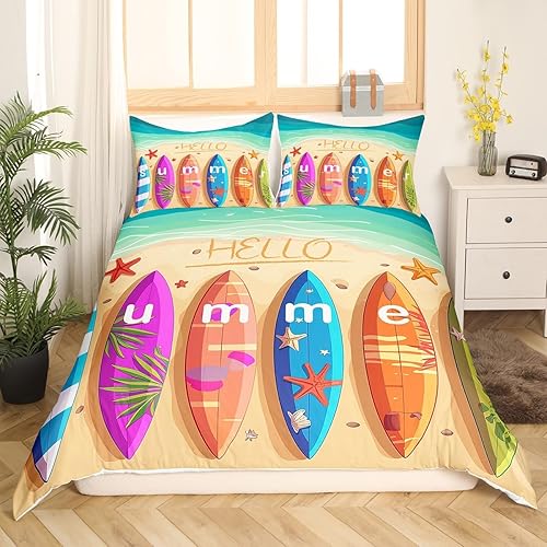 Miniatura 9 de Manfei Juego de funda de edredón de tablas de surf de verano para niños, tamaño matrimonial, juego de ropa de cama de palmeras tropicales de 3