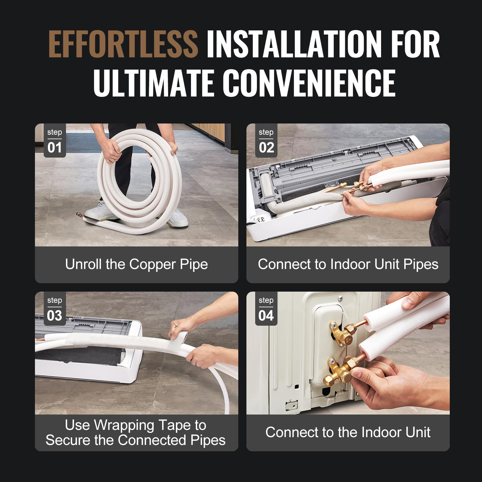 VEVOR 50FT Mini Split Line Set, tubi in rame con diametro esterno da 3/8" e 5/8" e isolamento per aria condizionata, refrigerante o pompe di riscaldamento e HVAC con strisce di avvolgimento.