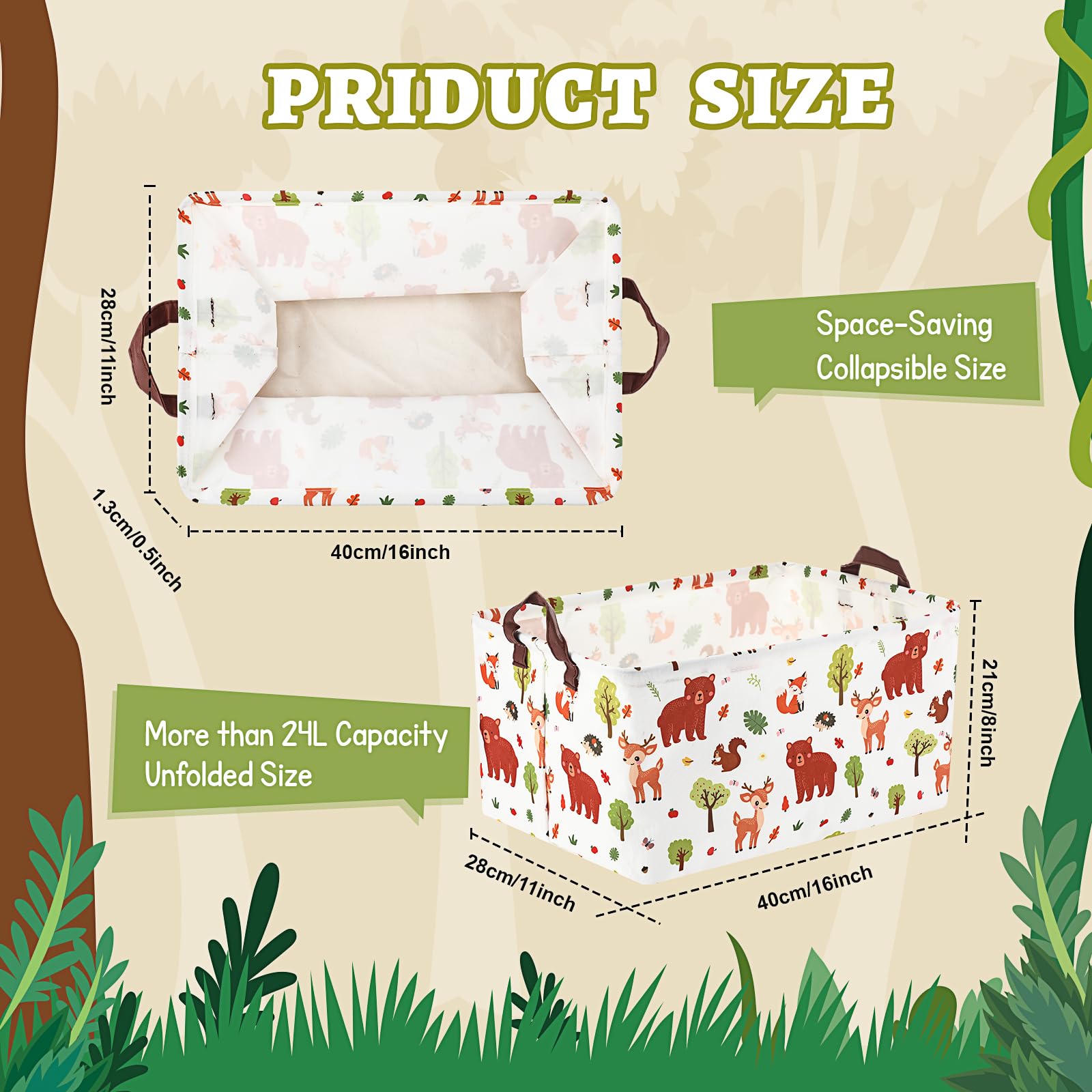 Yoojahow 2 Pack Woodland Rectangular Storage Basket with Handles Toys Storage Box Bin Collapsible Canvas Toys Organizer Bin Gift Baskets for Books Laundry Room Decor