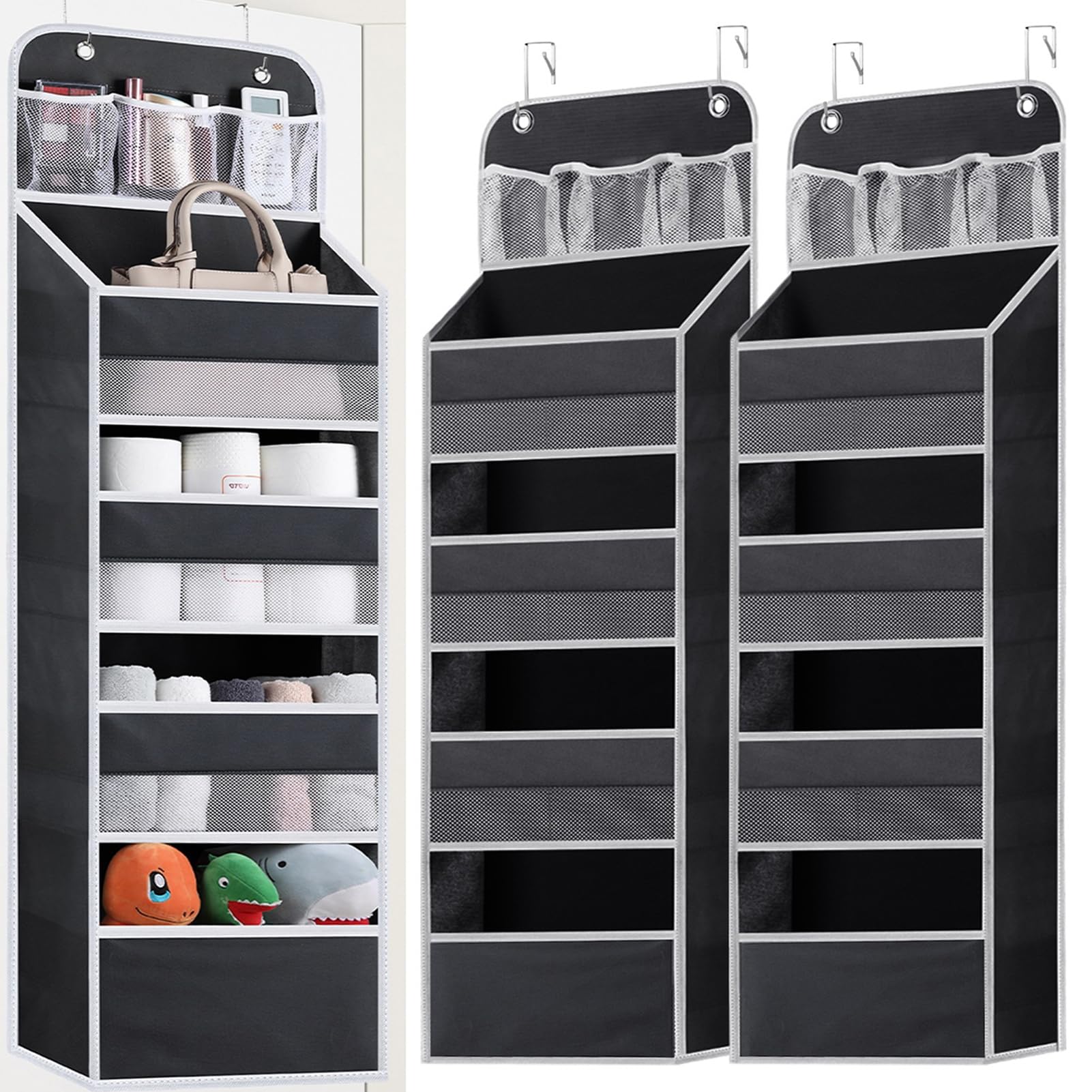 2 Pack Over The Door Organizer, Hanging Storage Organization with Large Capacity Pockets, Swing-Proof Behind Door Storage Shelf for Kicthen Bedroom Nursery Kids Toys Shoes,Black