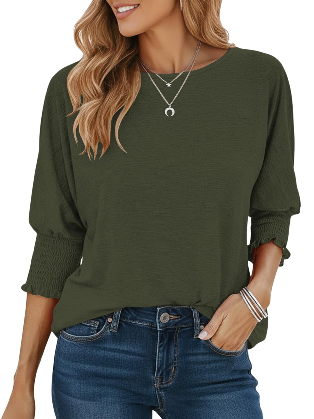 Cuptacc Tshirt Damen Elegante Rundhals Langarmshirt Lose Casual Bluse Basic 3/4 Ärmel Tunika Gesmokt Stulpe Oberteil