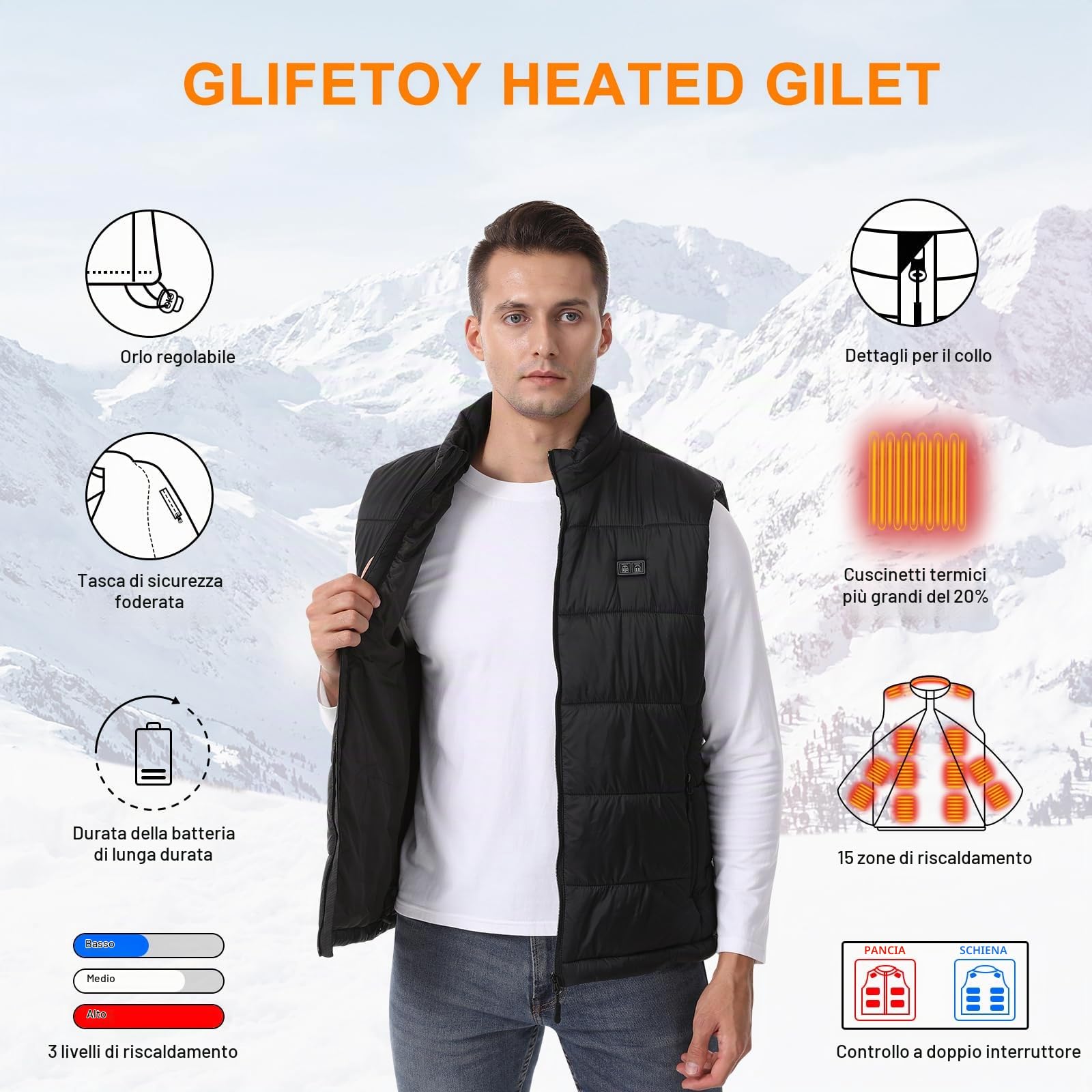 Gilet Riscaldato Uomo, 15 Zone Riscaldanti Giubbotto Riscaldato con Powerbank, Giubbotto Riscaldabile con Caricatore Portatile 12000mAh ＆ 3 Livelli di Temperatura, per Sci e Campeggio
