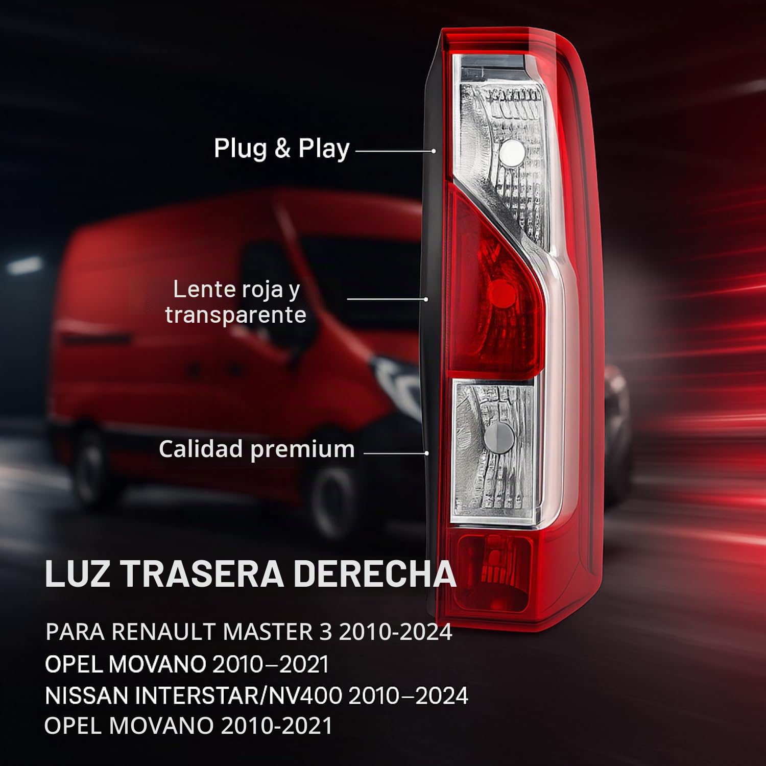 Luz Trasera Piloto Trasero Derecho Lado del Pasajero Compatible con Renault Master 3 2010-2024 Opel Movano 2010-2021 Nissan Interstar NV400 2010-2024 Vauxhall Movano 2010-2021 265500023R