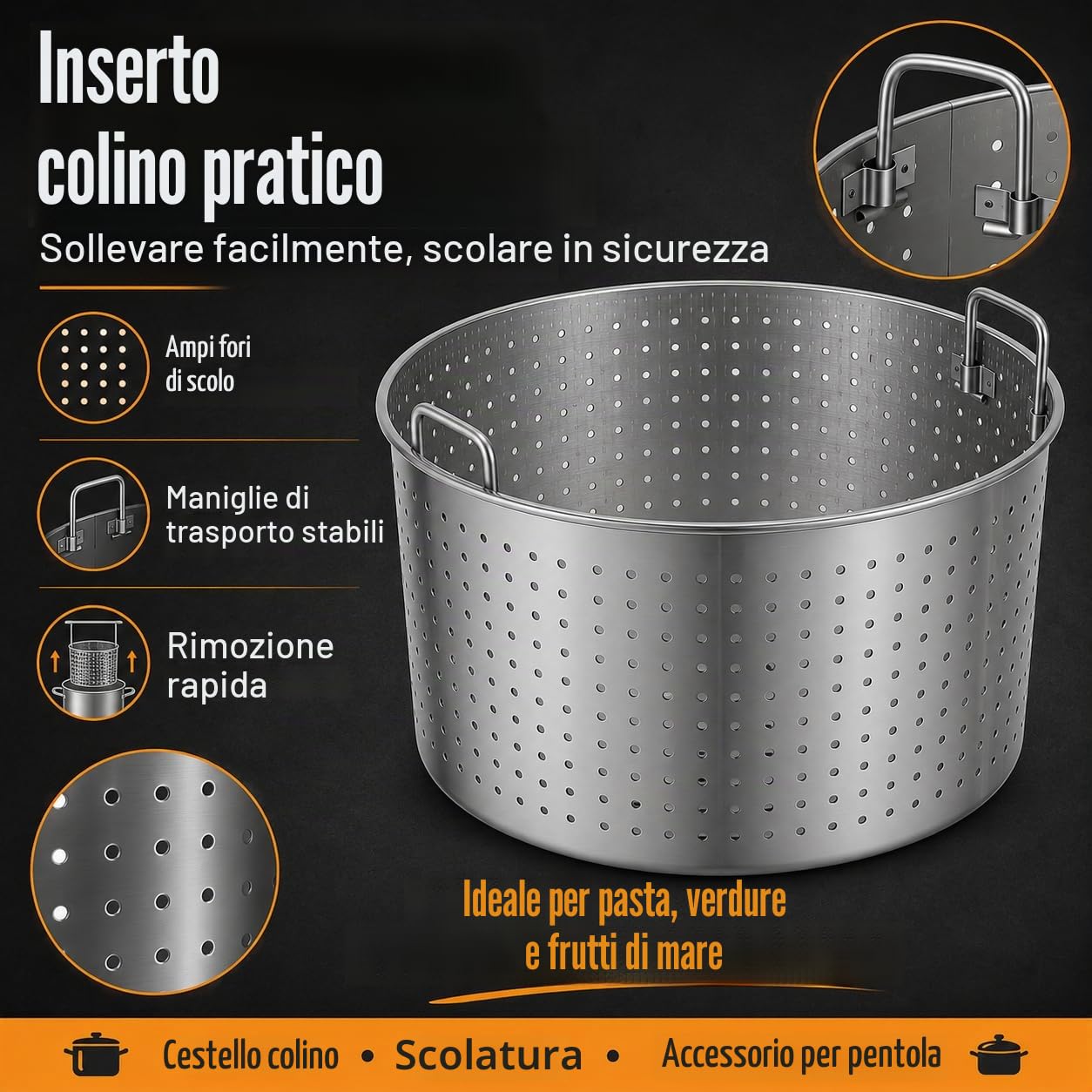 Pentola da 100 l, con coperchio e cesto, in acciaio inox, con cestello