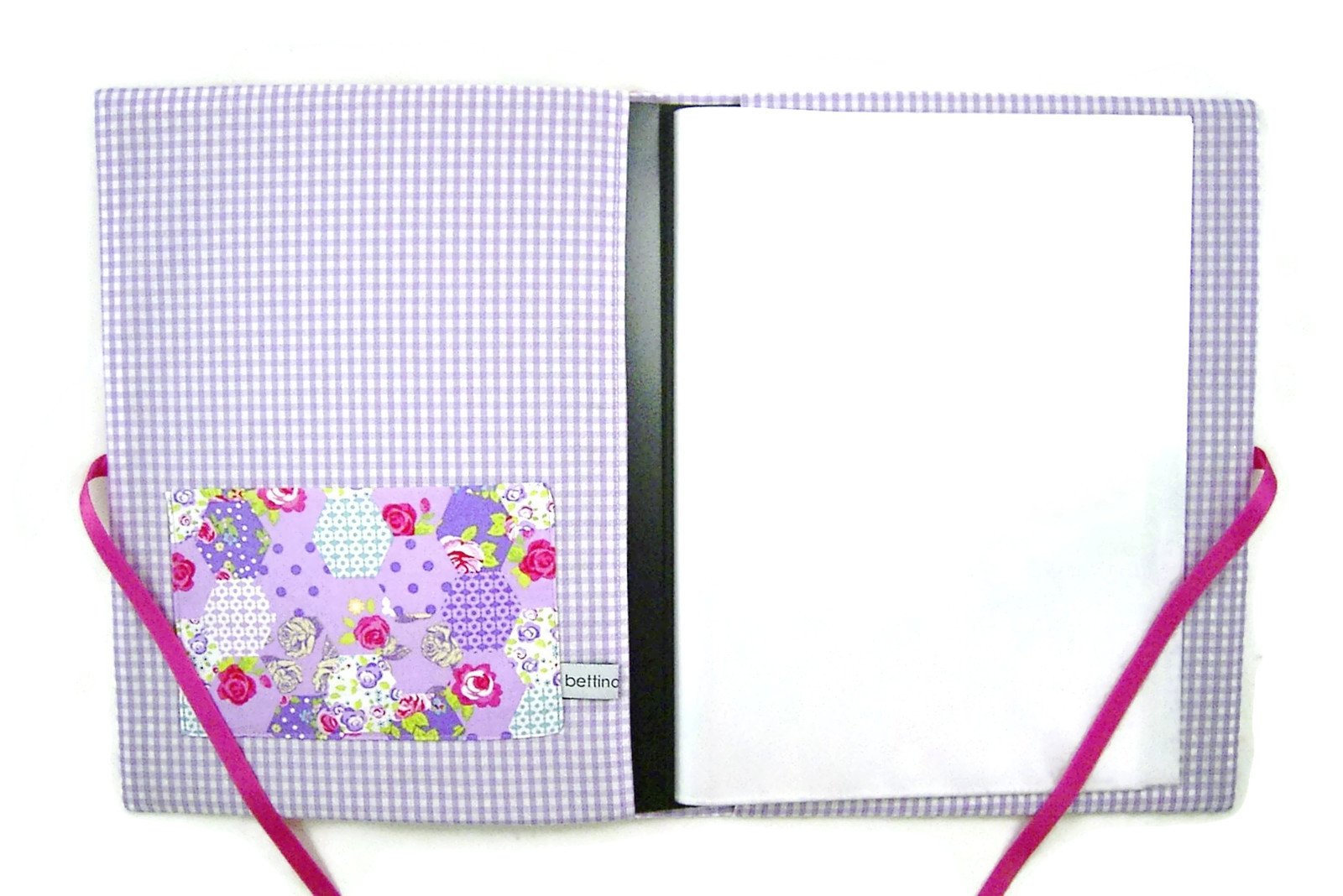 bettina bruder - Zeugnismappe DIN A4 - innen 30 Sichthüllen - Patchwork Blumen lila pink - innen Vichykaro