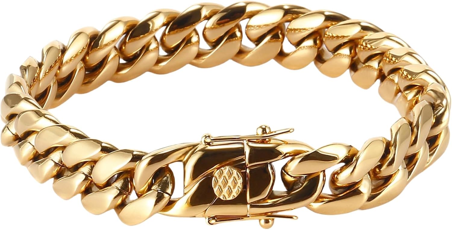 18K Real Gold Miami Cuban Link Bracelet for Men and Women, Bold Hip-Hop Style, Trendy Cool Street Jewelry, Gift Box Packed for Christmas, Valentine's Day and Birthday (Large, 7.5, Inches)