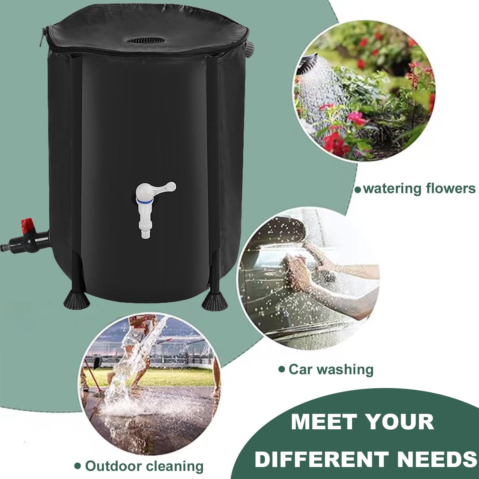 Kit plegable de barril y tope de agua de jardín con grifo de soporte y cubierta de cremallera, sistema de colector de agua de lluvia de 225 L (negro, 60 x 80 cm)