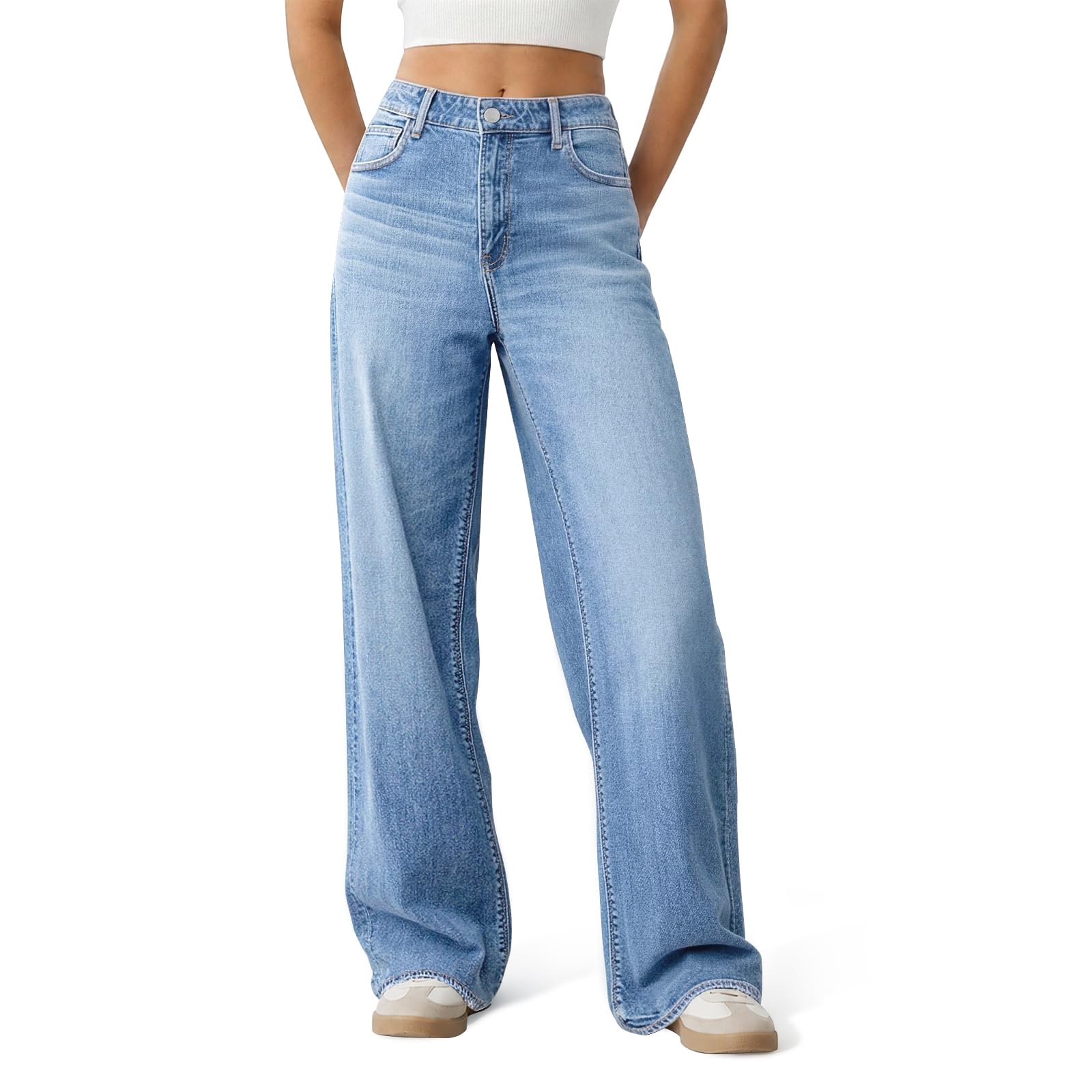 Womens Wide Leg Baggy Straight Leg Stretchy Jeans